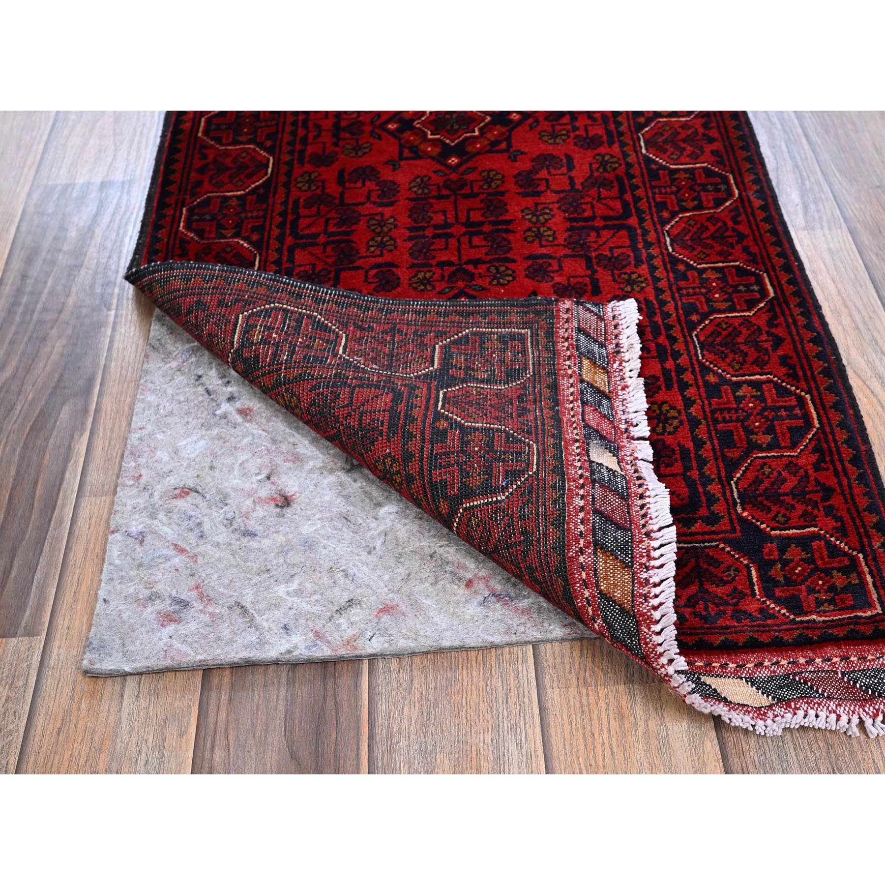 1'9"x5' Angels Red, Hand Knotted, Afghan Khamyab with Geometric Medallions Design, Soft 100% Wool, Natural Dyes, Short & Narrow Runner, Oriental Rug Sh745