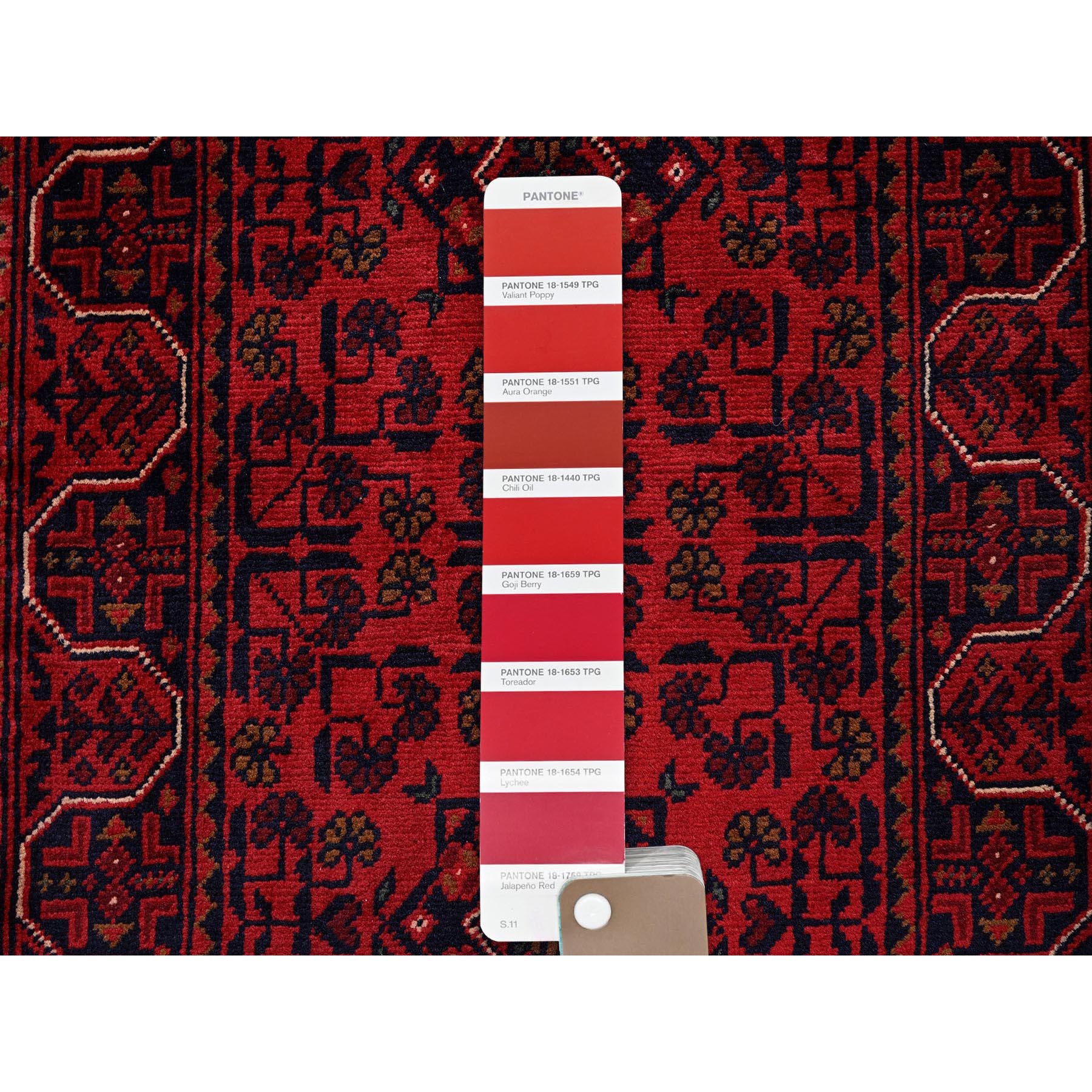 1'9"x5' Angels Red, Hand Knotted, Afghan Khamyab with Geometric Medallions Design, Soft 100% Wool, Natural Dyes, Short & Narrow Runner, Oriental Rug Sh745