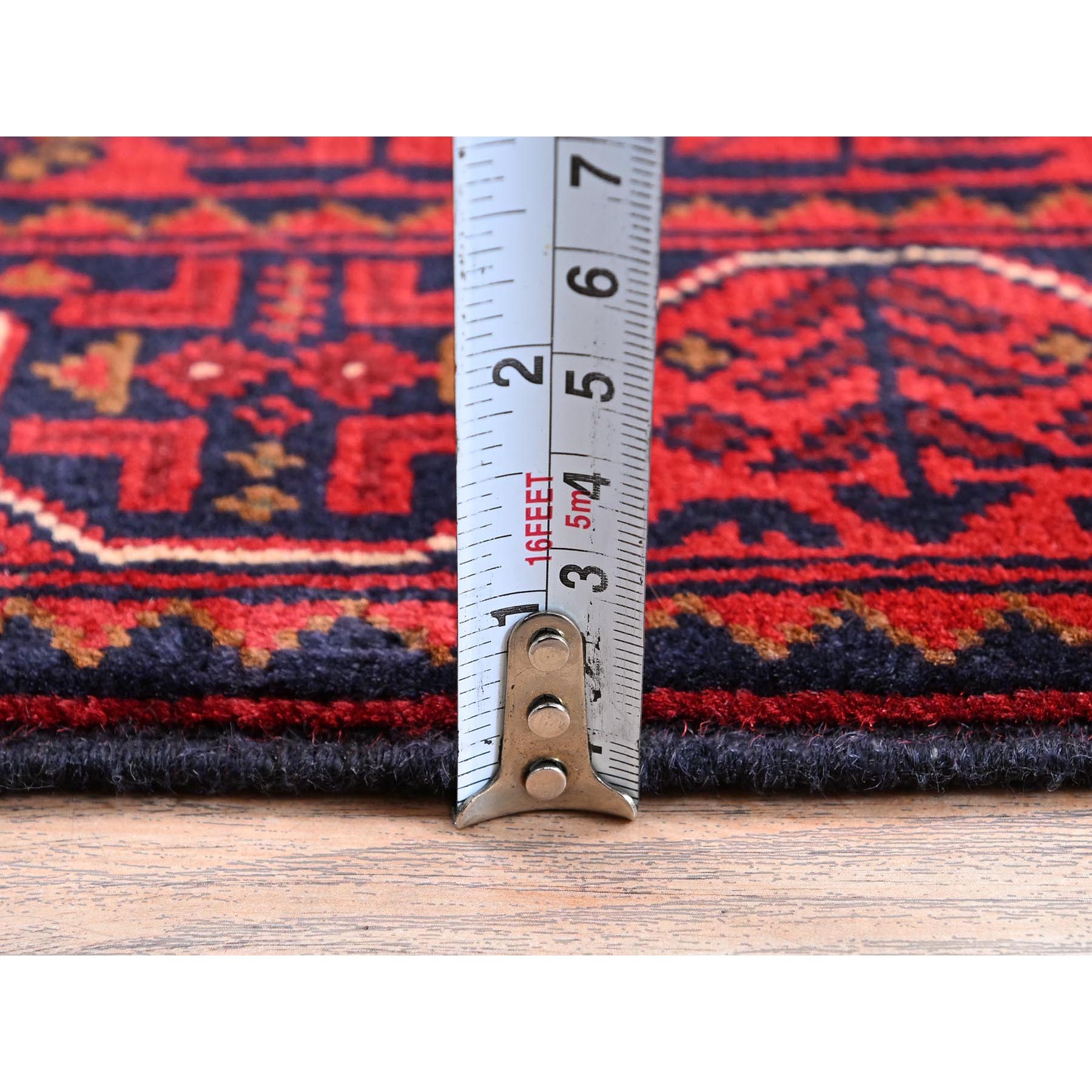 1'9"x5' Angels Red, Hand Knotted, Afghan Khamyab with Geometric Medallions Design, Soft 100% Wool, Natural Dyes, Short & Narrow Runner, Oriental Rug Sh745