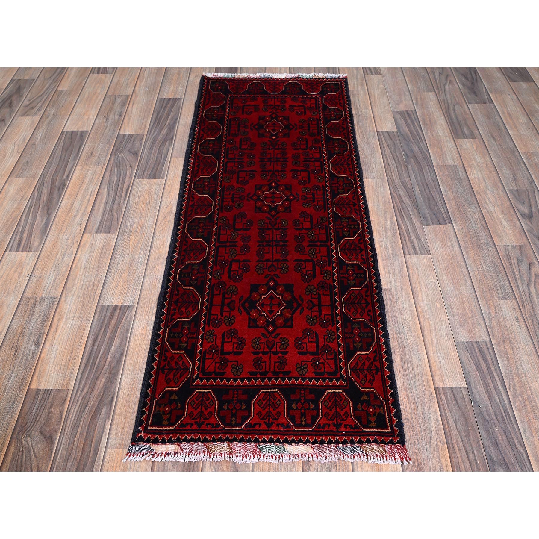 1'9"x4'10" Chili Red, Afghan Khamyab with Tribal Medallions Design, Hand Knotted, Soft and Velvety Wool, Vegetable Dyes, Short and Narrow Runner, Oriental Rug Sh746