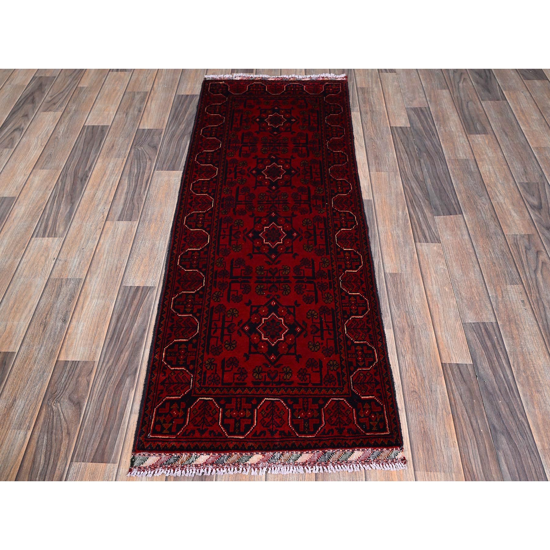 1'10"x5' Crimson Red, Afghan Khamyab with Geometric Pattern, Hand Knotted, Soft Wool, Vegetable Dyes, Short and Narrow Runner, Oriental Rug Sh747