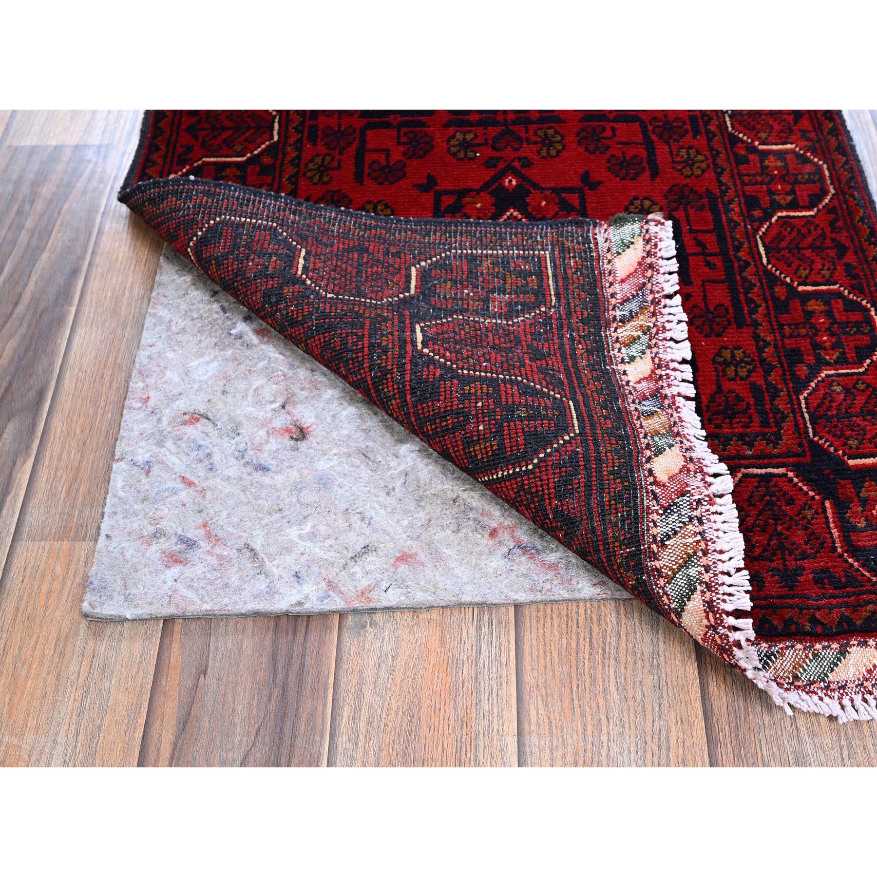 1'10"x5' Crimson Red, Afghan Khamyab with Geometric Pattern, Hand Knotted, Soft Wool, Vegetable Dyes, Short and Narrow Runner, Oriental Rug Sh747