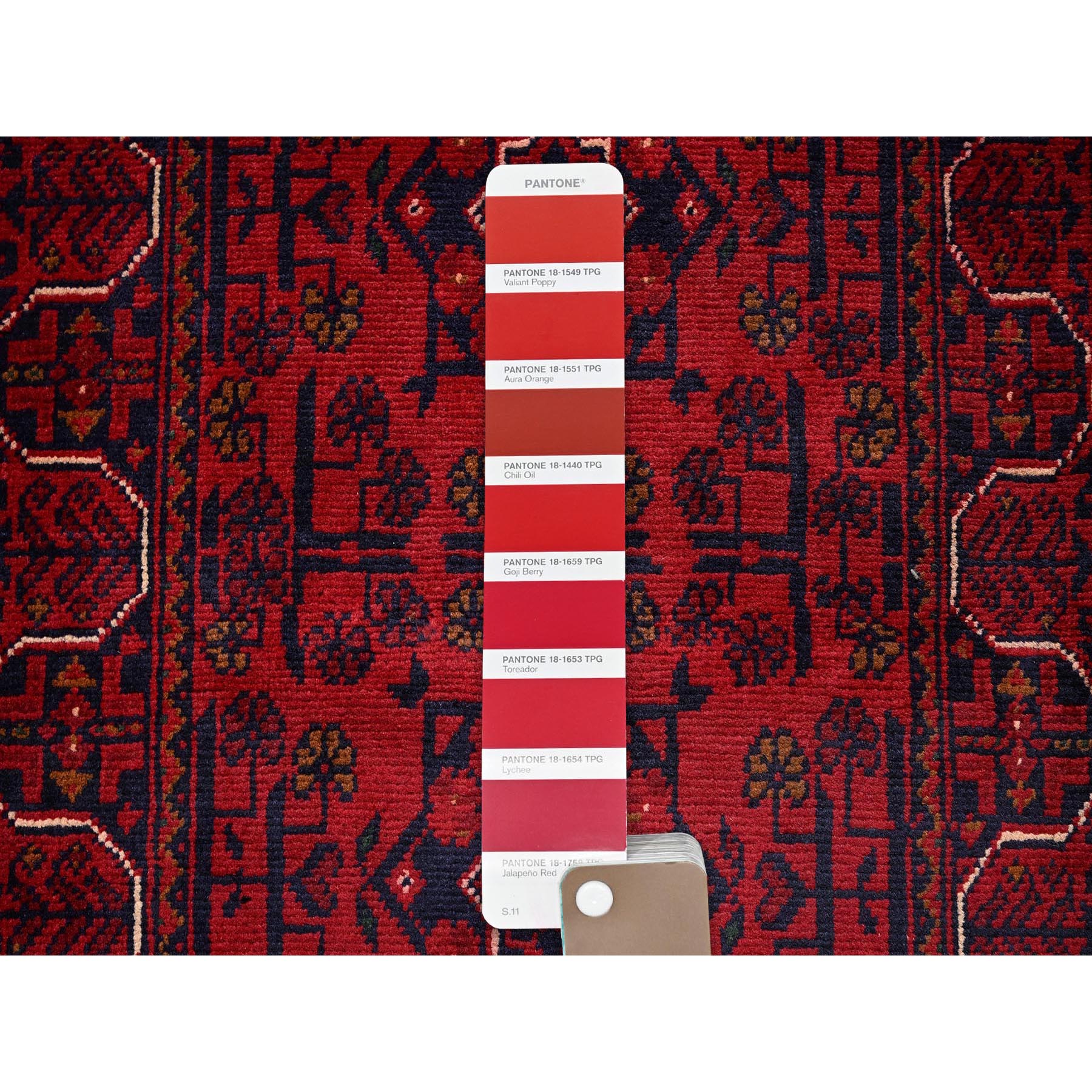 1'10"x5' Crimson Red, Afghan Khamyab with Geometric Pattern, Hand Knotted, Soft Wool, Vegetable Dyes, Short and Narrow Runner, Oriental Rug Sh747