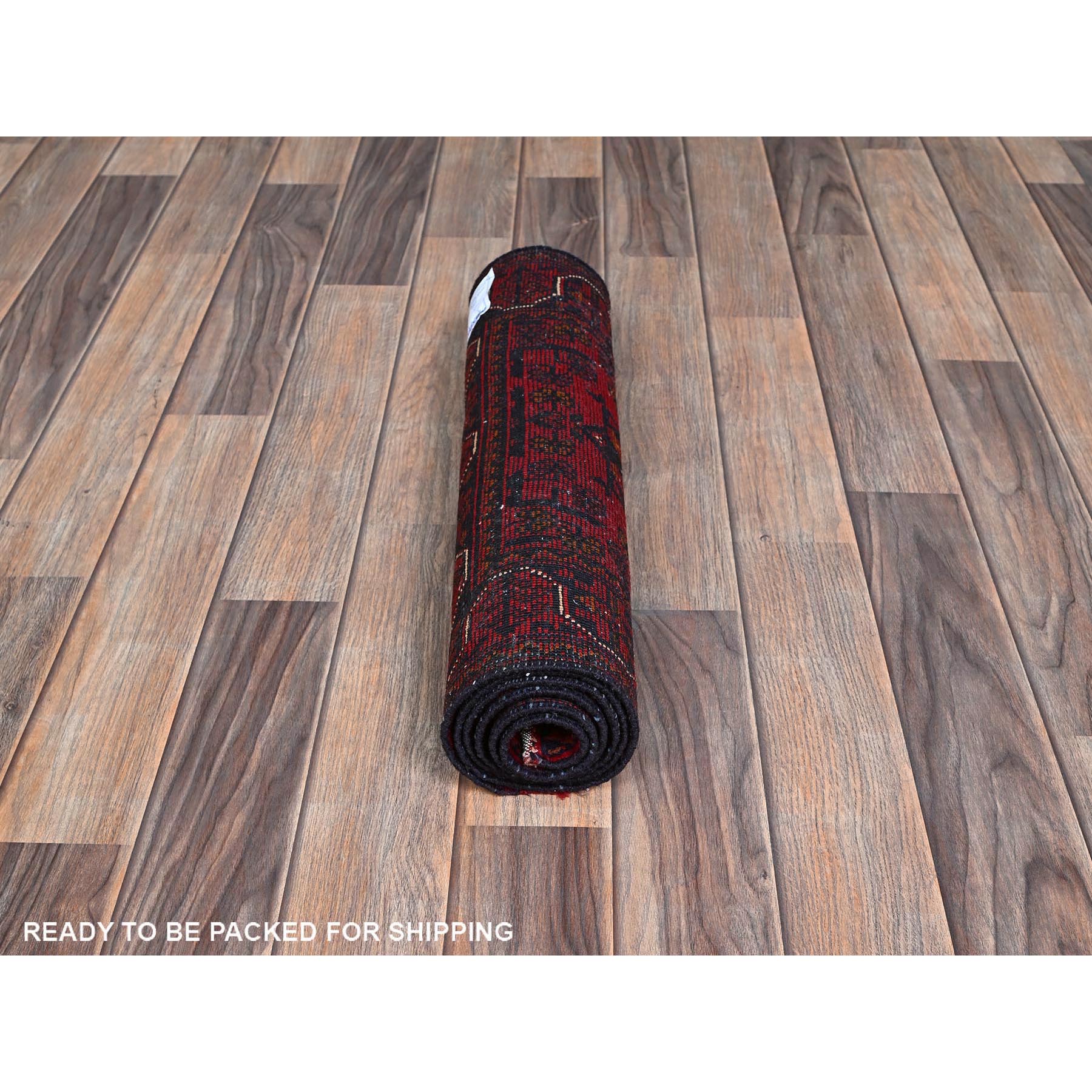 1'10"x5' Crimson Red, Afghan Khamyab with Geometric Pattern, Hand Knotted, Soft Wool, Vegetable Dyes, Short and Narrow Runner, Oriental Rug Sh747