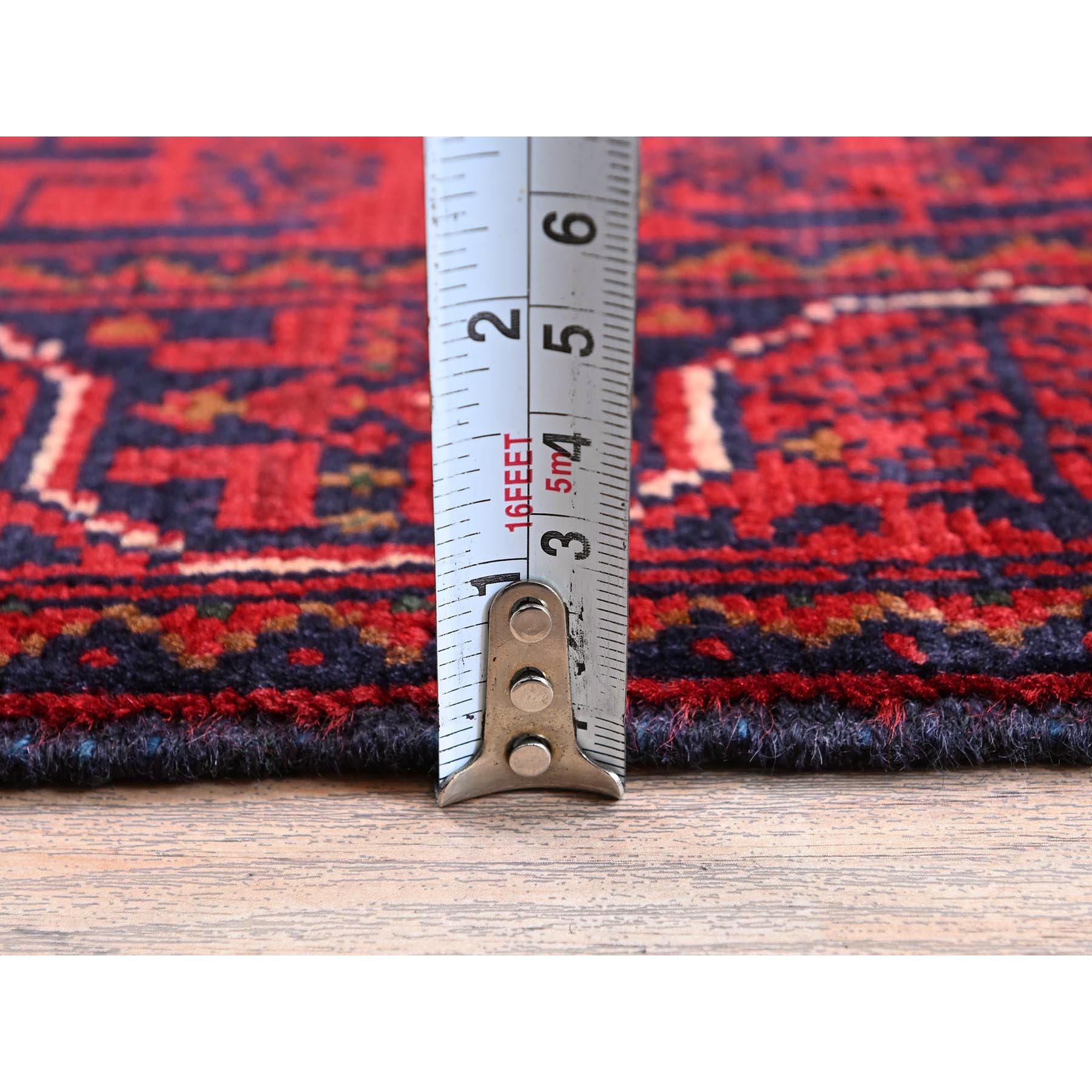 1'10"x5' Crimson Red, Afghan Khamyab with Geometric Pattern, Hand Knotted, Soft Wool, Vegetable Dyes, Short and Narrow Runner, Oriental Rug Sh747