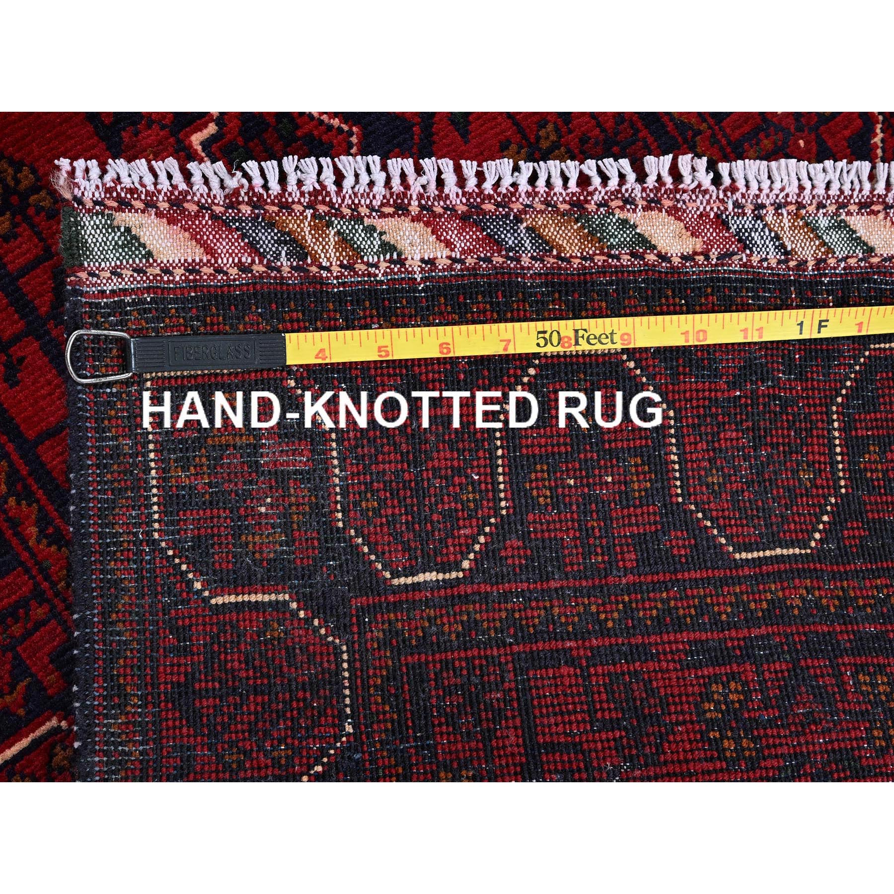 1'10"x5' Crimson Red, Afghan Khamyab with Geometric Pattern, Hand Knotted, Soft Wool, Vegetable Dyes, Short and Narrow Runner, Oriental Rug Sh747