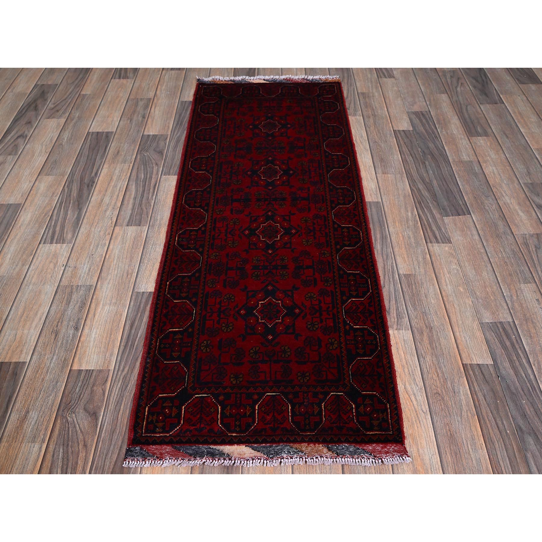1'10"x5' Carmine Red, Afghan Khamyab with Geometric Pattern, Hand Knotted, Soft and Velvety Wool, Vegetable Dyes, Short & Narrow Runner, Oriental Rug Sh748
