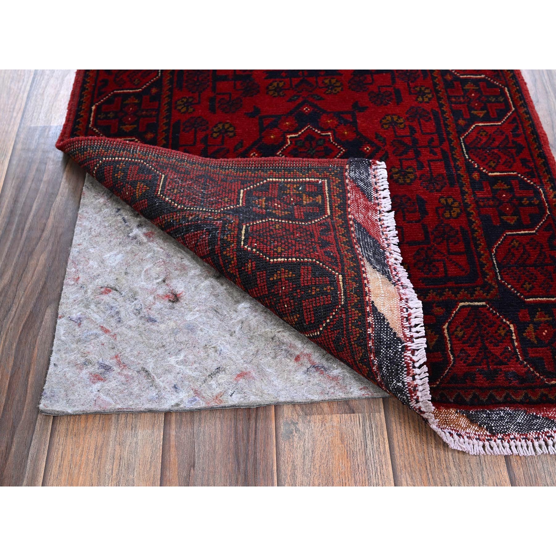 1'10"x5' Carmine Red, Afghan Khamyab with Geometric Pattern, Hand Knotted, Soft and Velvety Wool, Vegetable Dyes, Short & Narrow Runner, Oriental Rug Sh748
