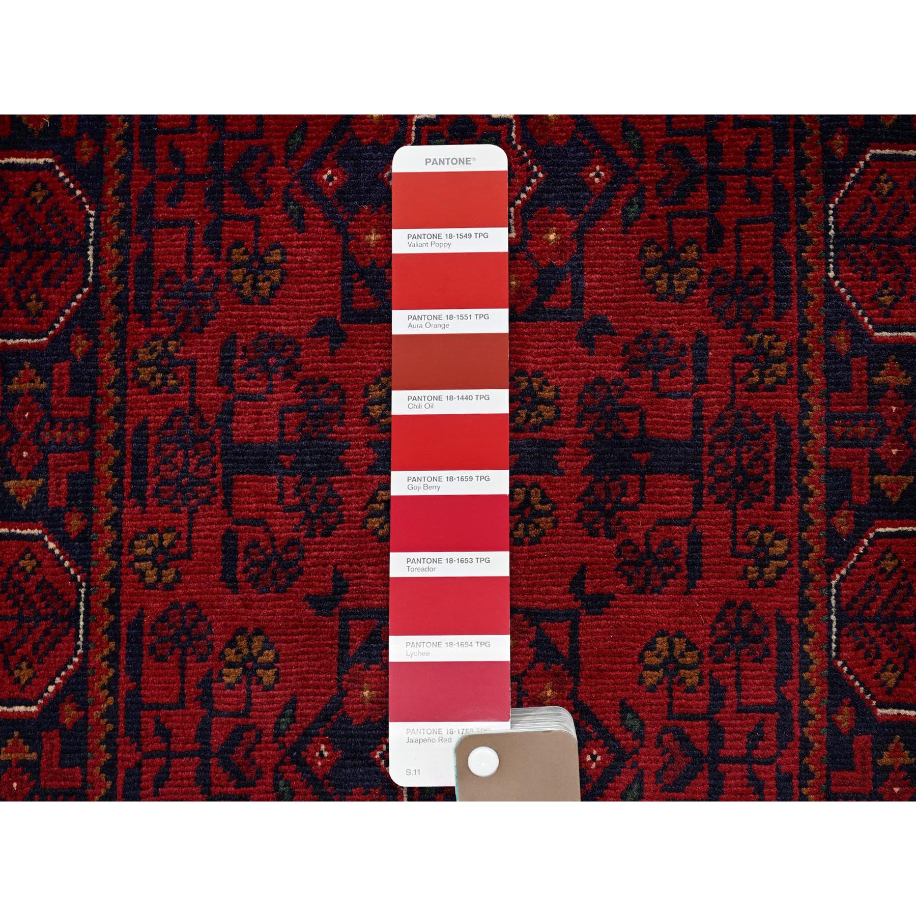 1'10"x5' Carmine Red, Afghan Khamyab with Geometric Pattern, Hand Knotted, Soft and Velvety Wool, Vegetable Dyes, Short & Narrow Runner, Oriental Rug Sh748