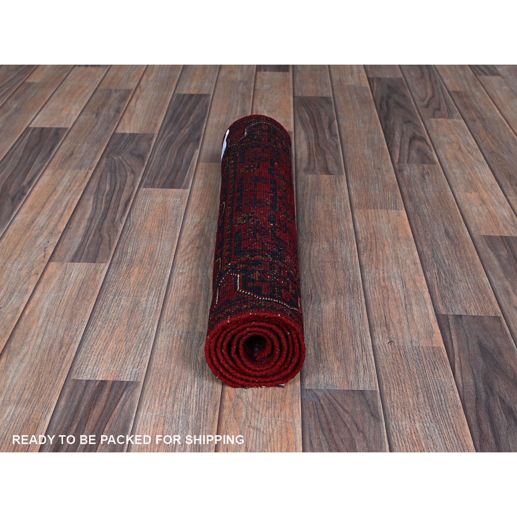 1'10"x5' Carmine Red, Afghan Khamyab with Geometric Pattern, Hand Knotted, Soft and Velvety Wool, Vegetable Dyes, Short & Narrow Runner, Oriental Rug Sh748