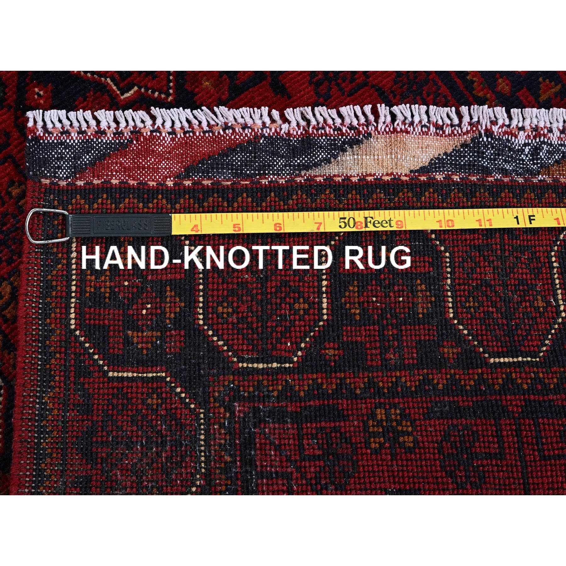1'10"x5' Carmine Red, Afghan Khamyab with Geometric Pattern, Hand Knotted, Soft and Velvety Wool, Vegetable Dyes, Short & Narrow Runner, Oriental Rug Sh748