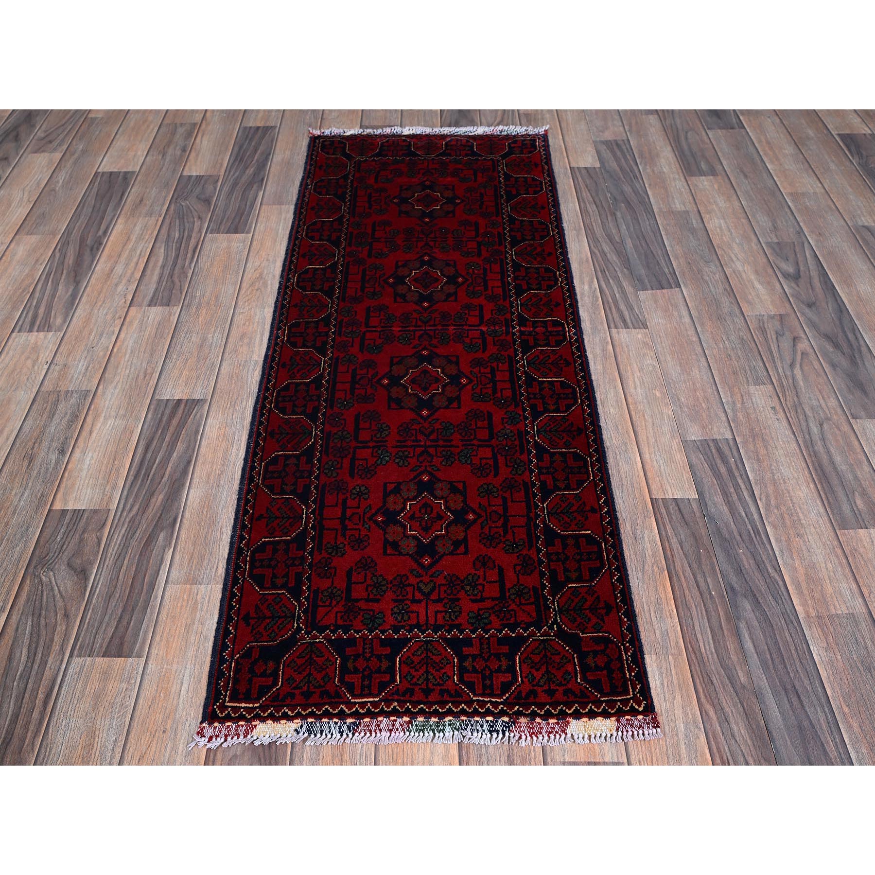 1'10"x4'10" Crimson Red, Afghan Khamyab with Geometric Pattern, Hand Knotted, Soft and Velvety Wool, Vegetable Dyes, Short and Narrow Runner, Oriental Rug Sh749