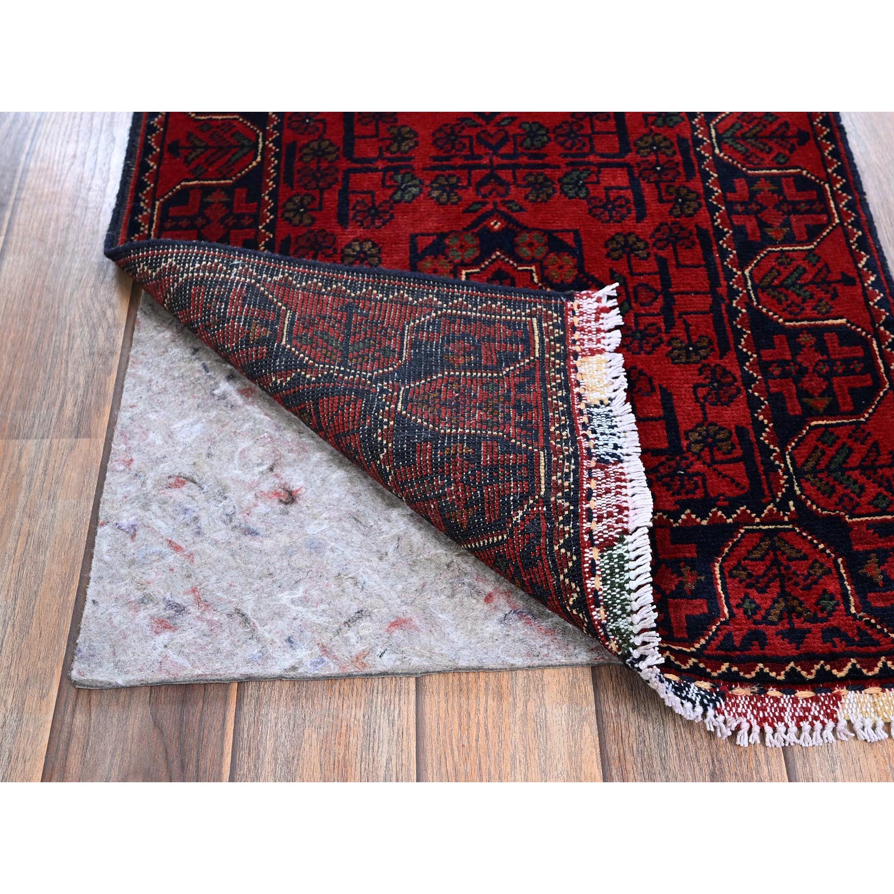 1'10"x4'10" Crimson Red, Afghan Khamyab with Geometric Pattern, Hand Knotted, Soft and Velvety Wool, Vegetable Dyes, Short and Narrow Runner, Oriental Rug Sh749