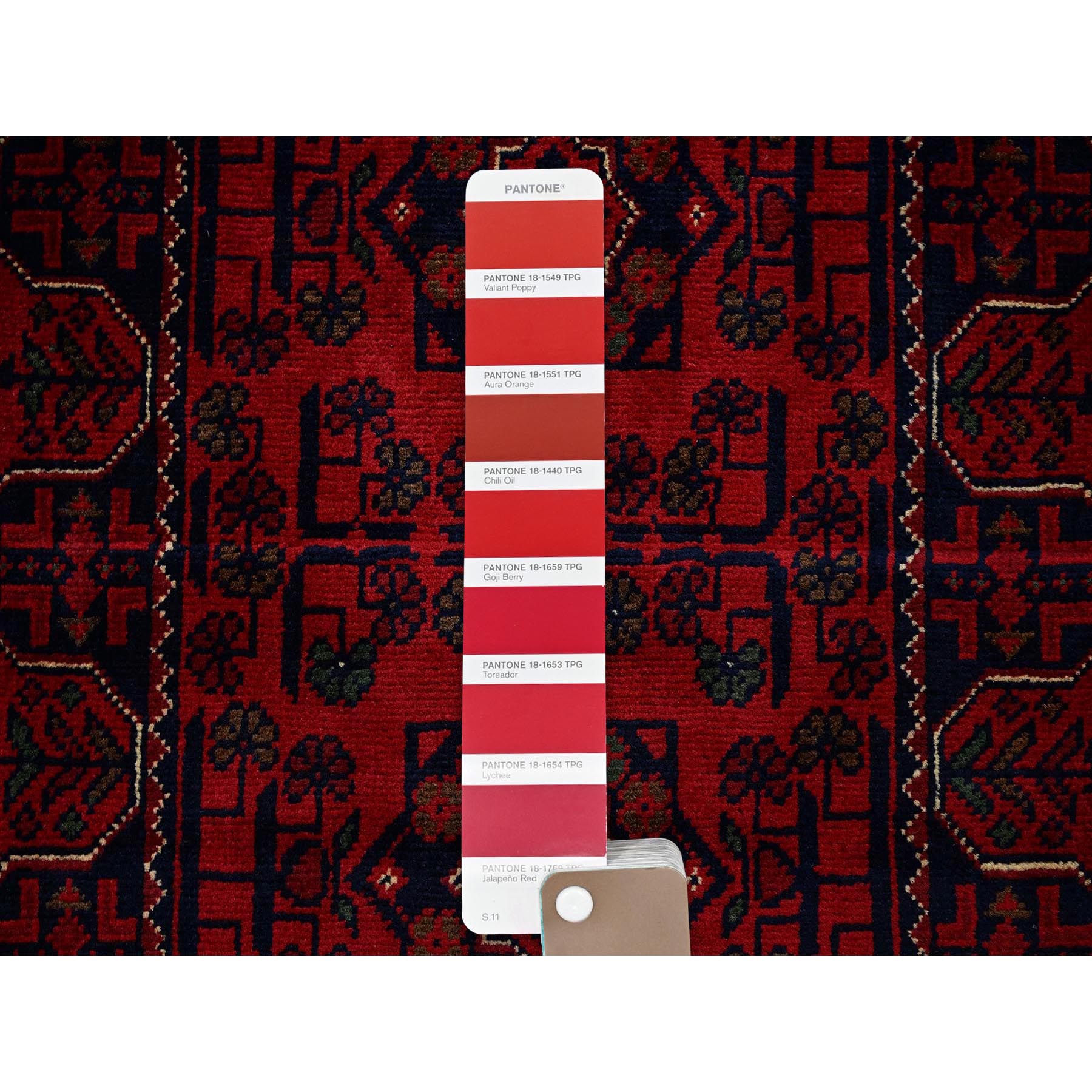 1'10"x4'10" Crimson Red, Afghan Khamyab with Geometric Pattern, Hand Knotted, Soft and Velvety Wool, Vegetable Dyes, Short and Narrow Runner, Oriental Rug Sh749