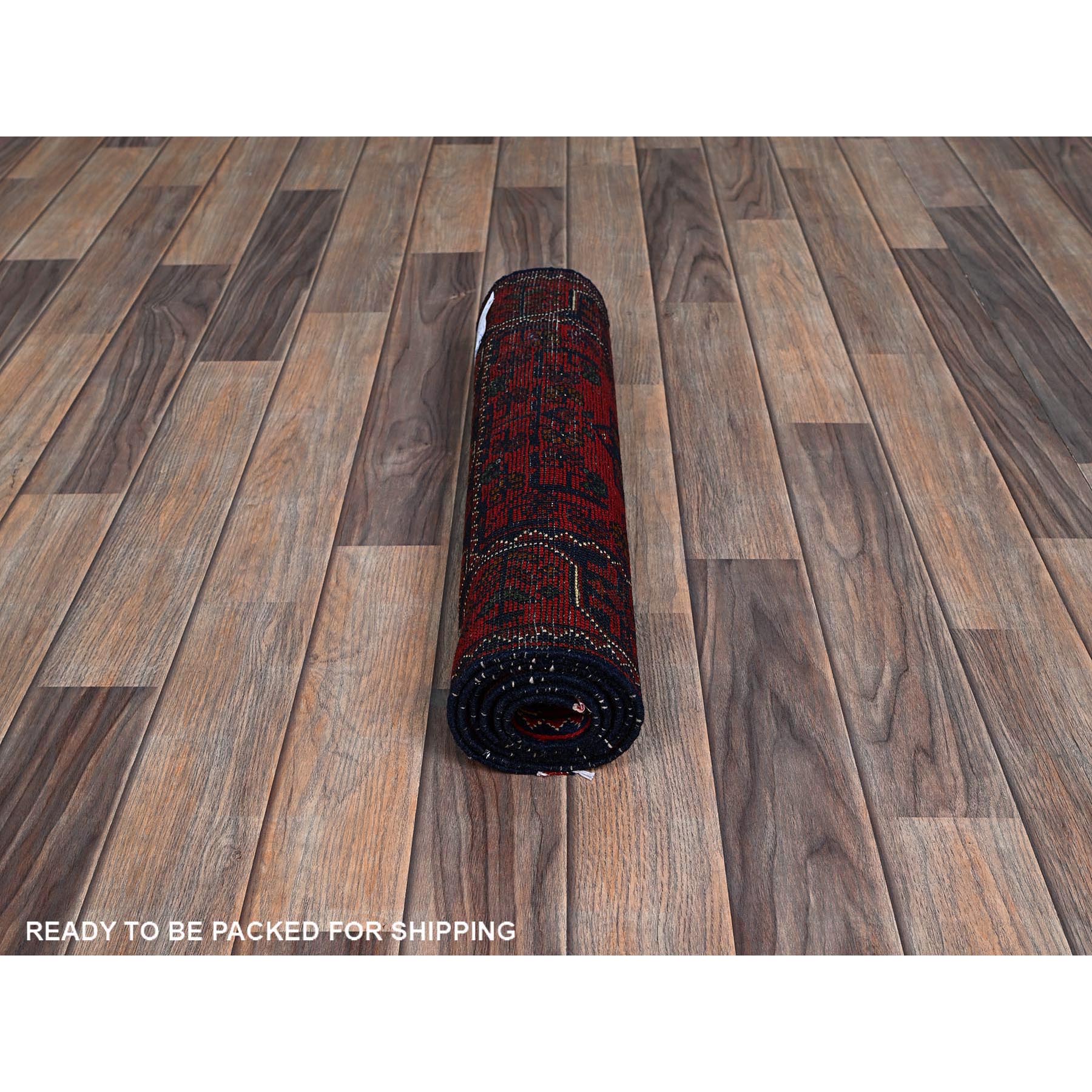 1'10"x4'10" Crimson Red, Afghan Khamyab with Geometric Pattern, Hand Knotted, Soft and Velvety Wool, Vegetable Dyes, Short and Narrow Runner, Oriental Rug Sh749