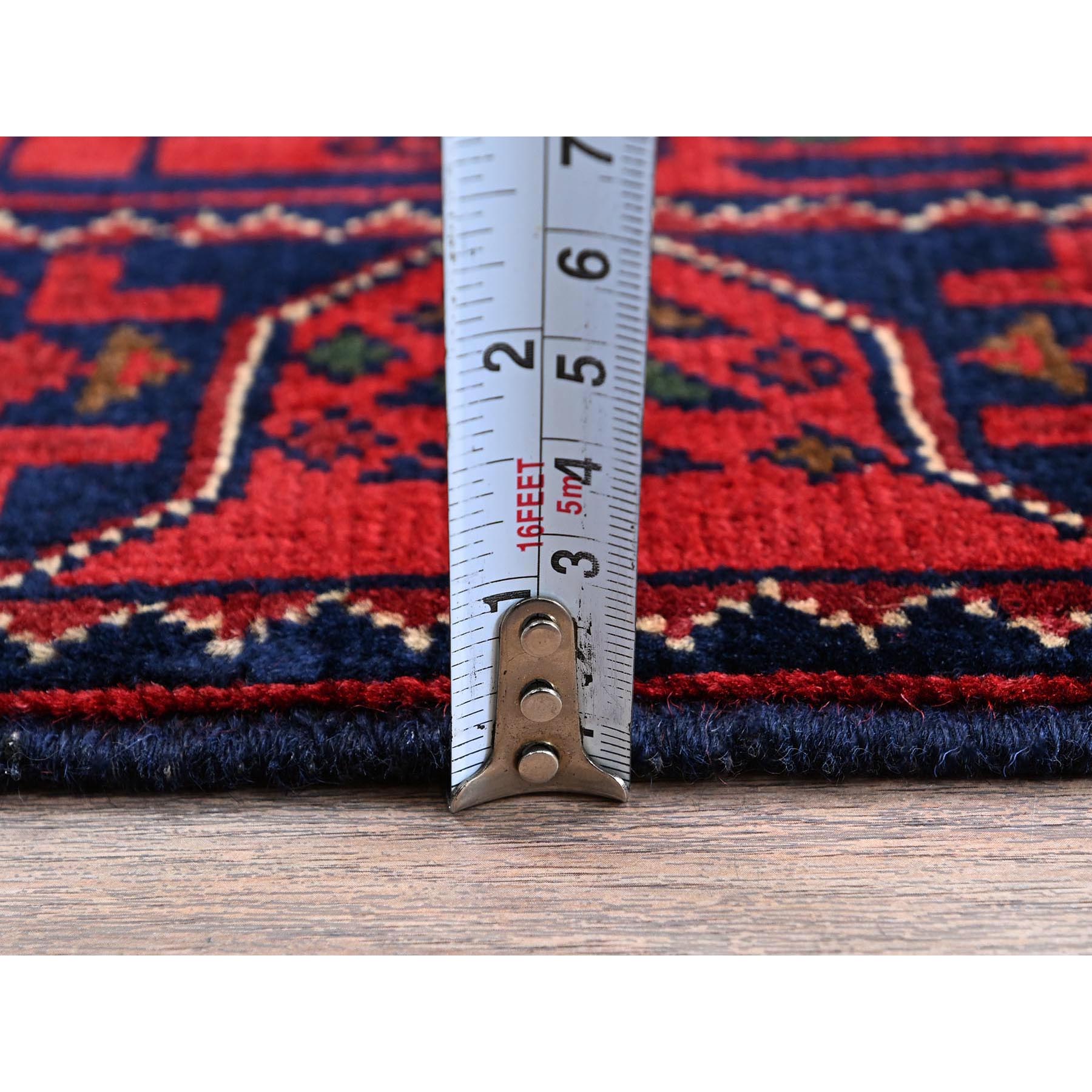 1'10"x4'10" Crimson Red, Afghan Khamyab with Geometric Pattern, Hand Knotted, Soft and Velvety Wool, Vegetable Dyes, Short and Narrow Runner, Oriental Rug Sh749