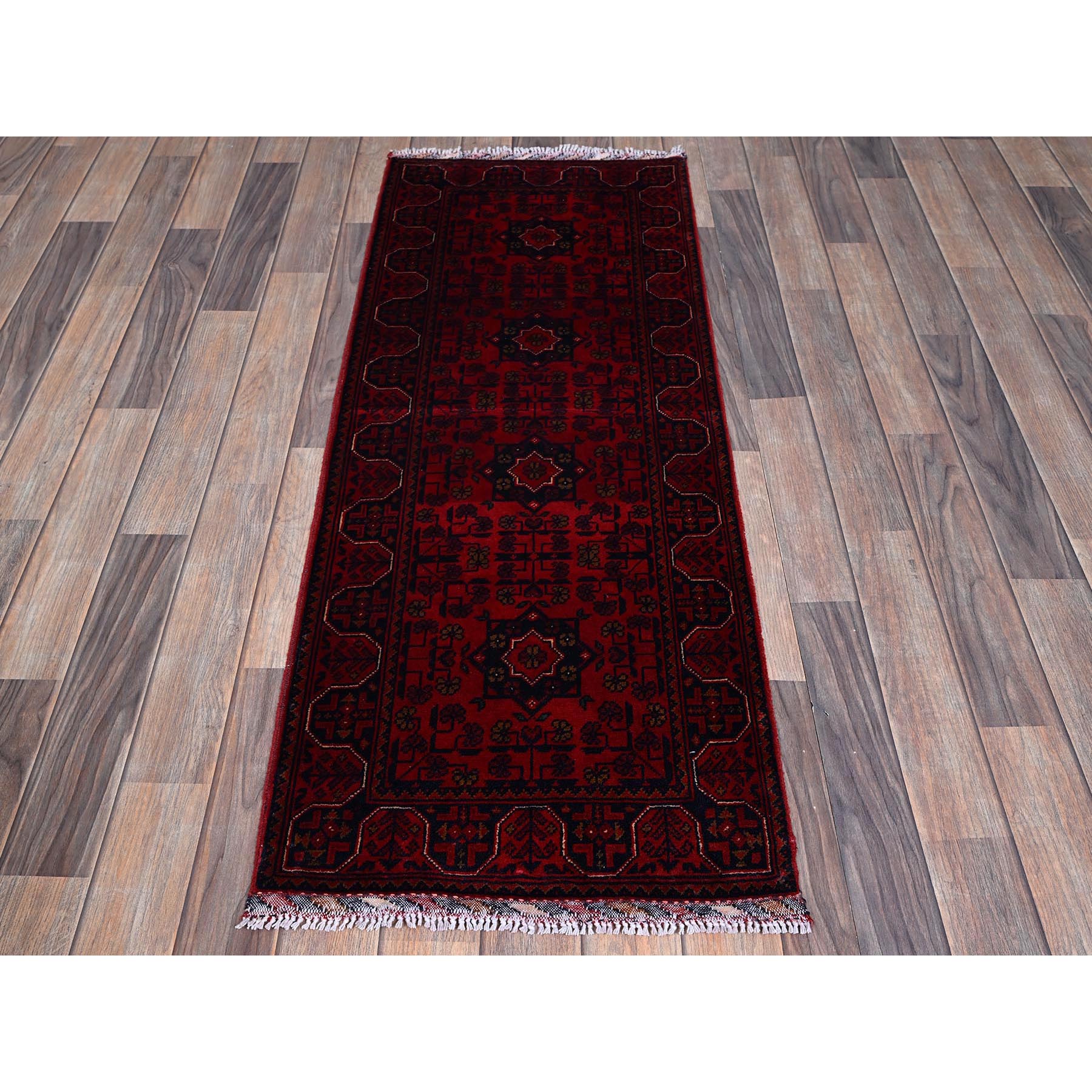 1'10"x4'10" Scarlet Red, Afghan Khamyab with Geometric Medallions Design, Soft and Shiny Wool, Hand Knotted, Vegetable Dyes, Short and Narrow Runner, Oriental Rug Sh750