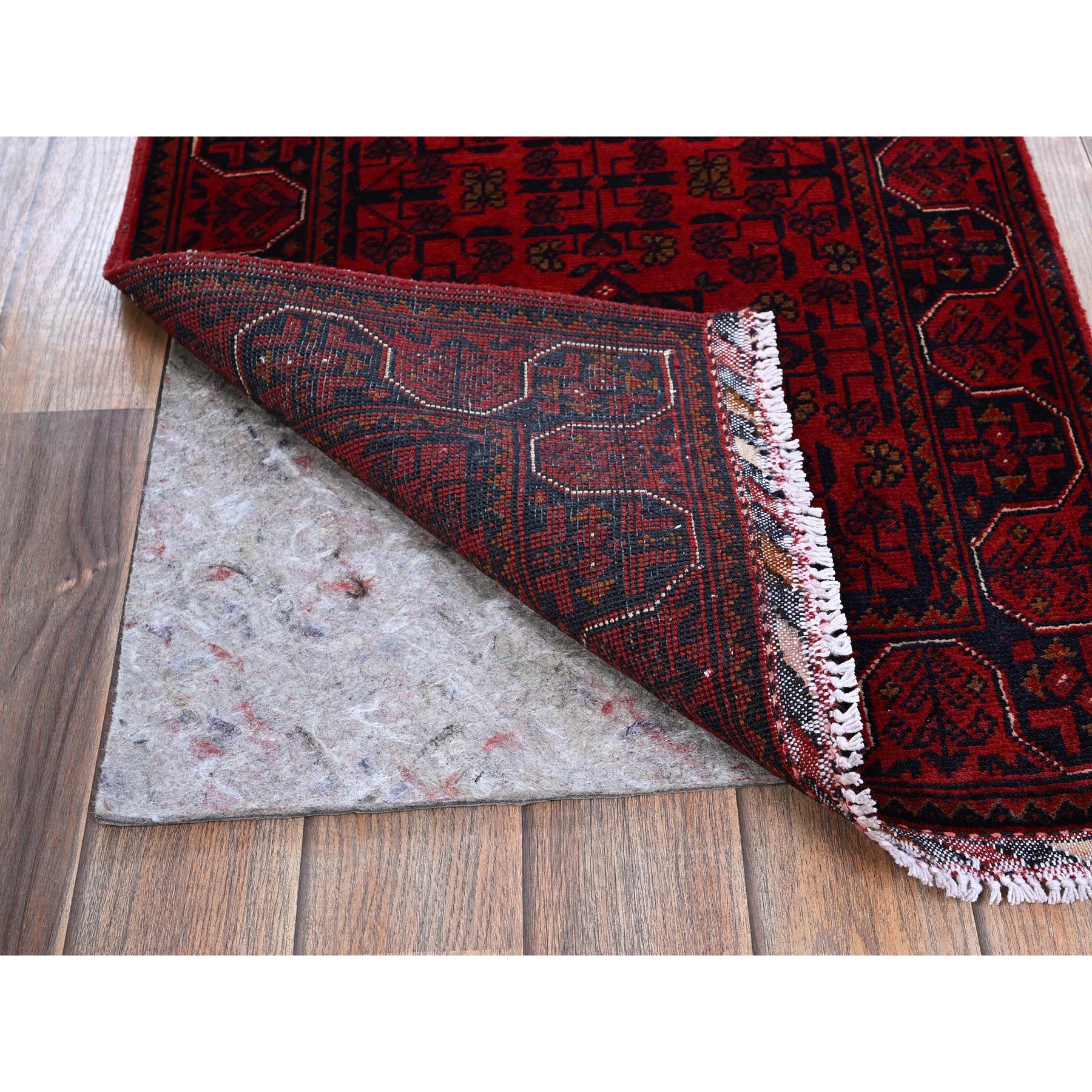 1'10"x4'10" Scarlet Red, Afghan Khamyab with Geometric Medallions Design, Soft and Shiny Wool, Hand Knotted, Vegetable Dyes, Short and Narrow Runner, Oriental Rug Sh750