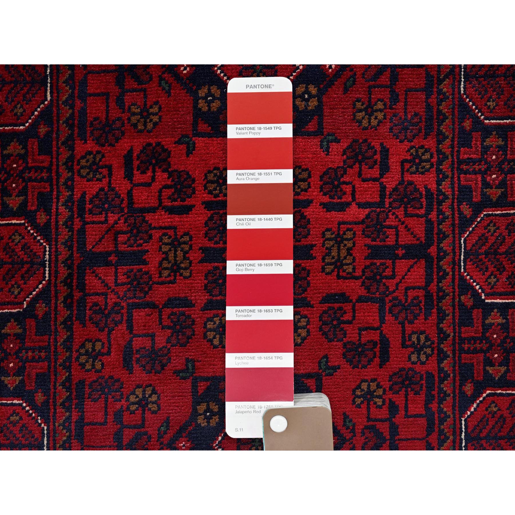1'10"x4'10" Scarlet Red, Afghan Khamyab with Geometric Medallions Design, Soft and Shiny Wool, Hand Knotted, Vegetable Dyes, Short and Narrow Runner, Oriental Rug Sh750