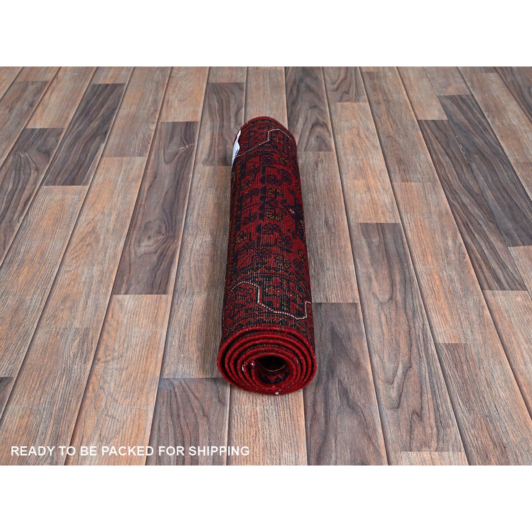1'10"x4'10" Scarlet Red, Afghan Khamyab with Geometric Medallions Design, Soft and Shiny Wool, Hand Knotted, Vegetable Dyes, Short and Narrow Runner, Oriental Rug Sh750