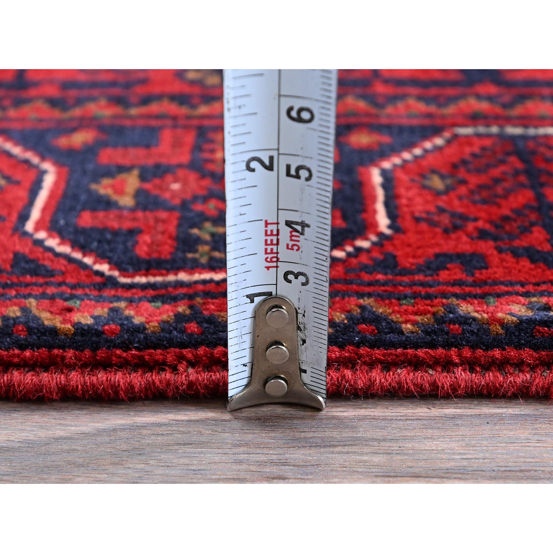 1'10"x4'10" Scarlet Red, Afghan Khamyab with Geometric Medallions Design, Soft and Shiny Wool, Hand Knotted, Vegetable Dyes, Short and Narrow Runner, Oriental Rug Sh750