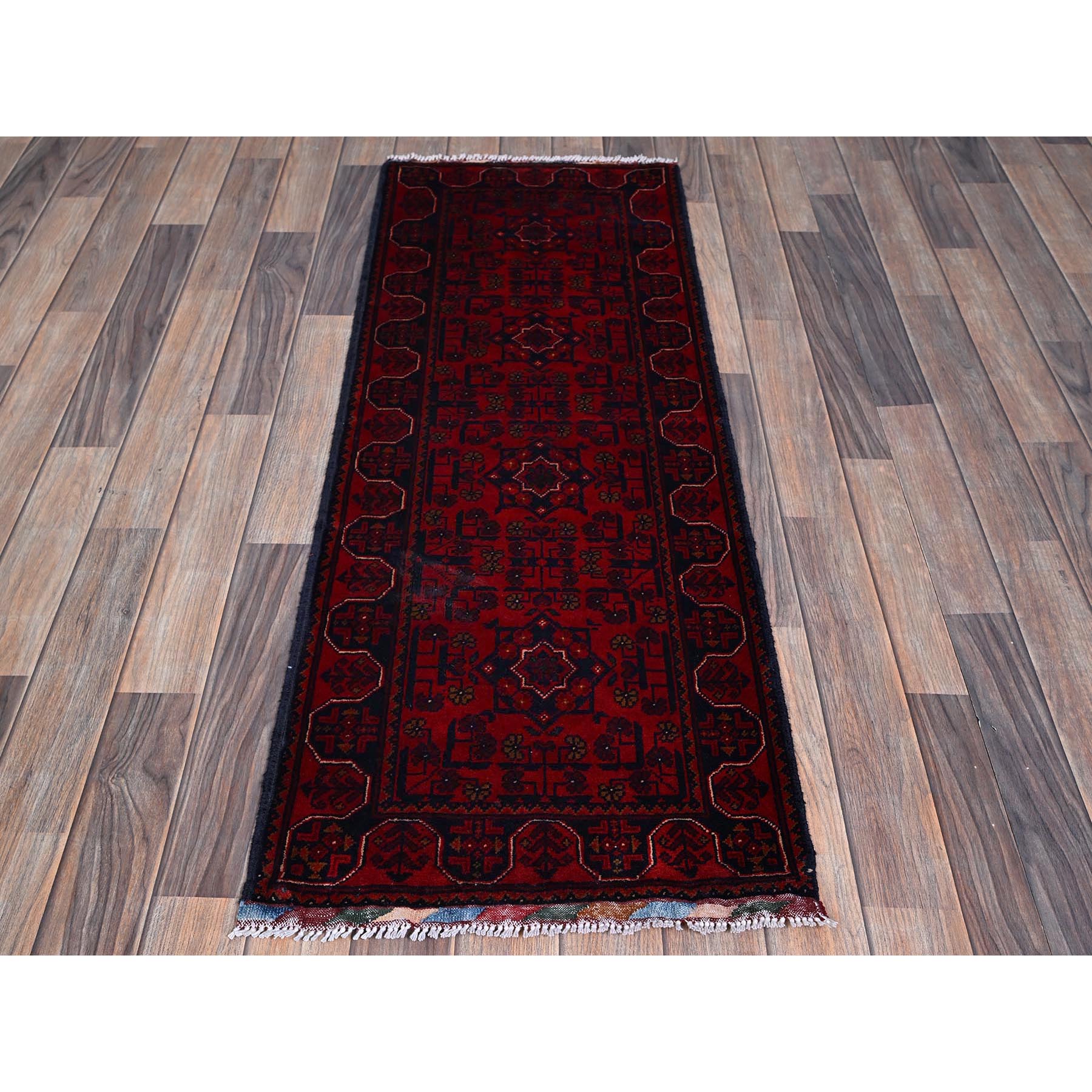 1'9"x4'10" Angels Red, Afghan Khamyab with Tribal Motifs Pattern, Hand Knotted, Soft 100% Wool, Vegetable Dyes, Short & Narrow Runner, Oriental Rug Sh751