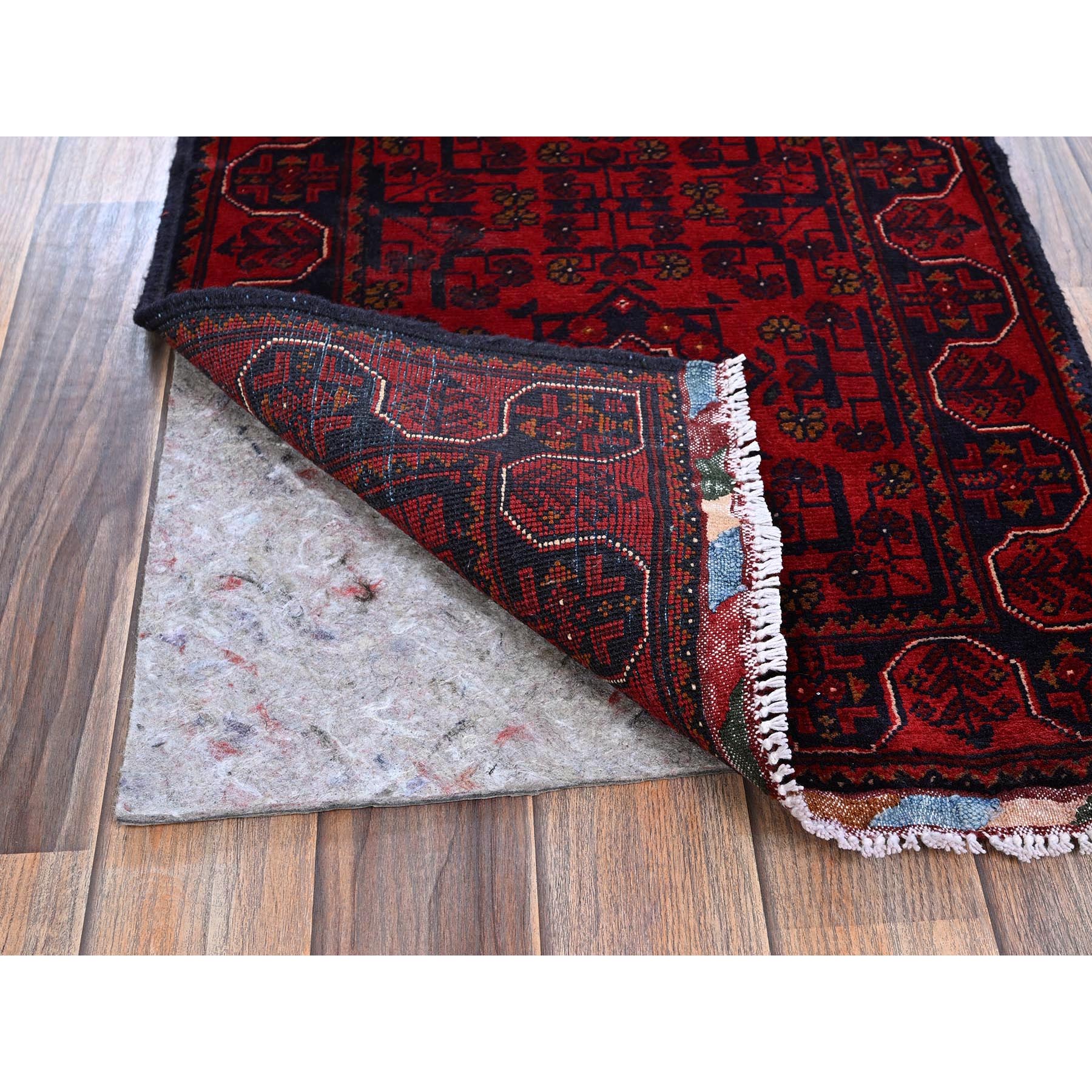1'9"x4'10" Angels Red, Afghan Khamyab with Tribal Motifs Pattern, Hand Knotted, Soft 100% Wool, Vegetable Dyes, Short & Narrow Runner, Oriental Rug Sh751