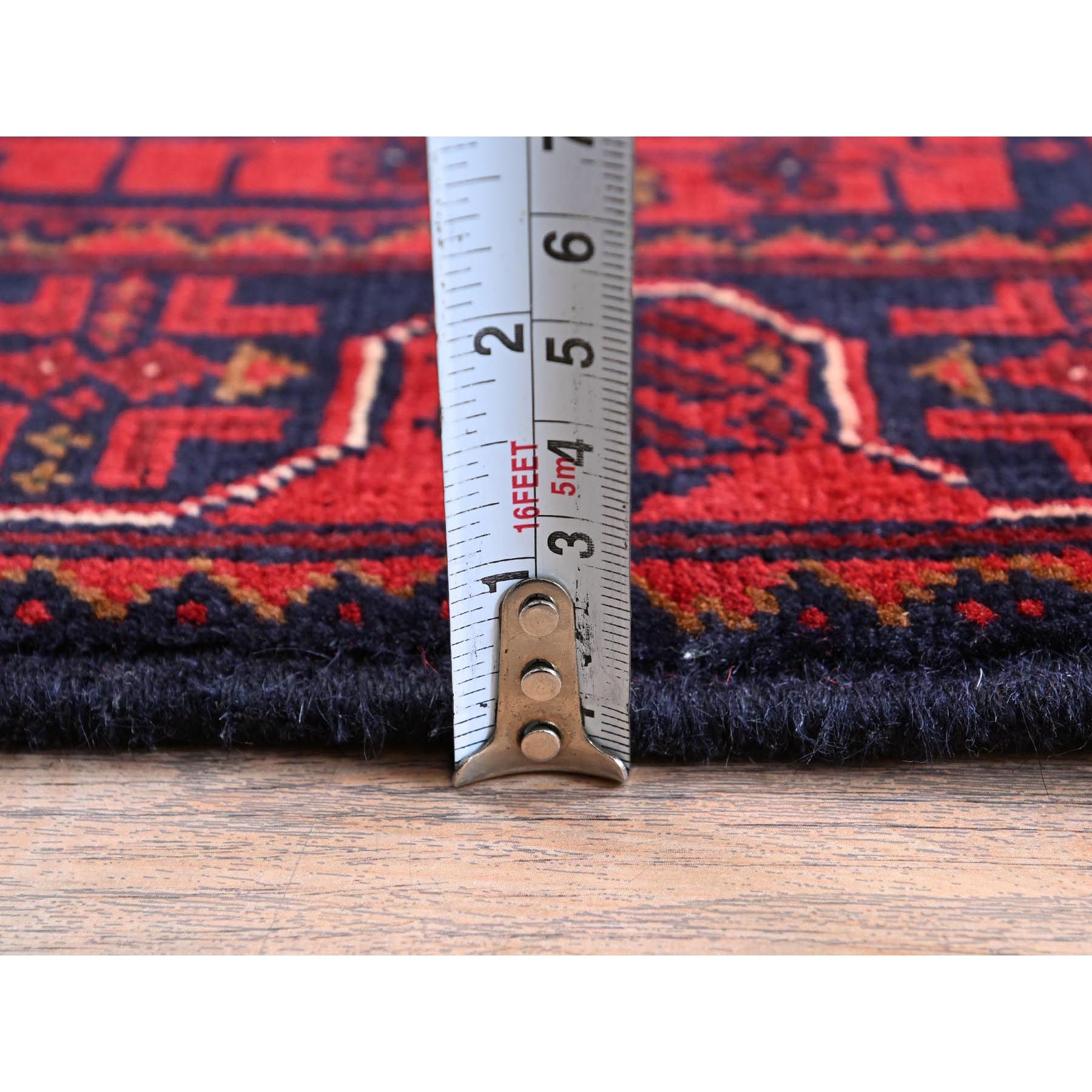1'9"x4'10" Angels Red, Afghan Khamyab with Tribal Motifs Pattern, Hand Knotted, Soft 100% Wool, Vegetable Dyes, Short & Narrow Runner, Oriental Rug Sh751