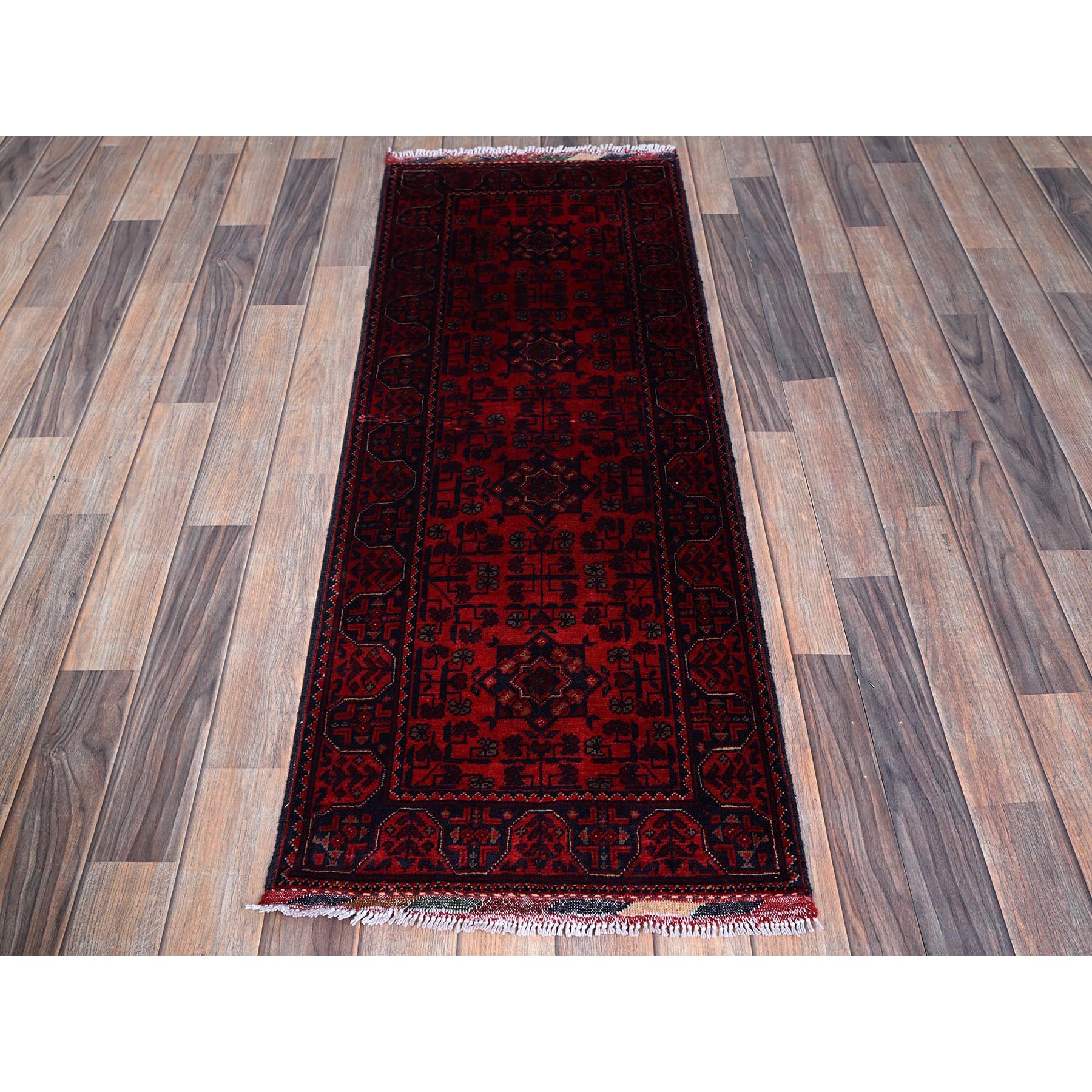 1'9"x4'9" Ruby Red, Afghan Khamyab with Geometric Medallions Design, Hand Knotted, Soft and Velvety Wool, Vegetable Dyes, Short and Narrow Runner, Oriental Rug Sh753