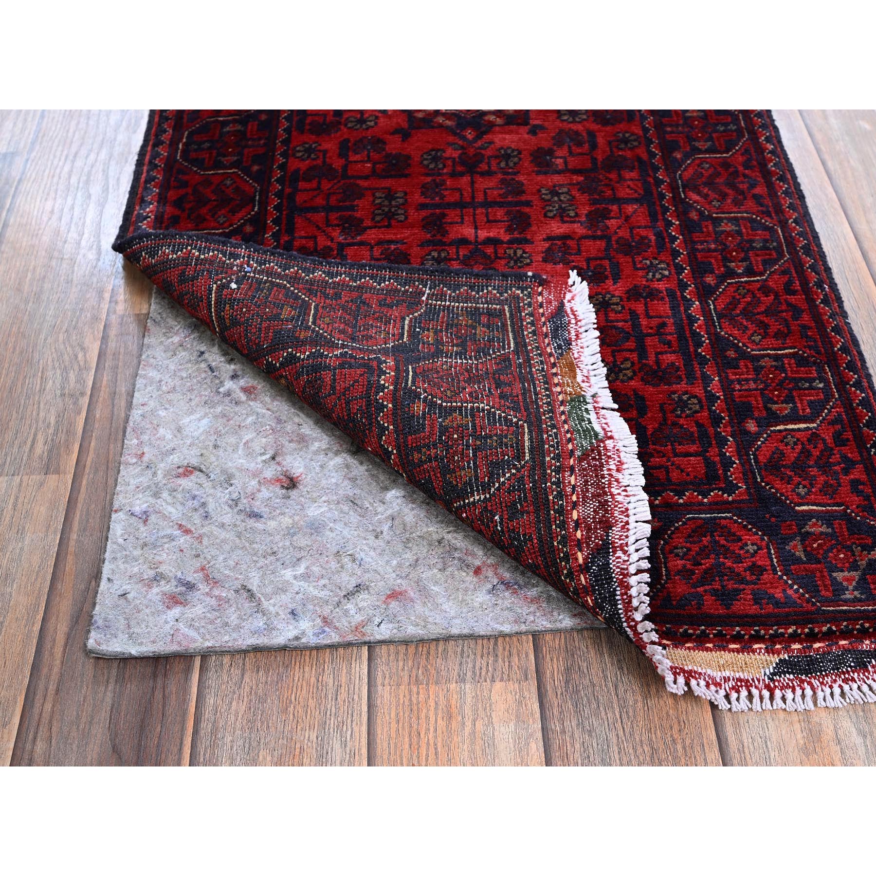 1'9"x4'9" Ruby Red, Afghan Khamyab with Geometric Medallions Design, Hand Knotted, Soft and Velvety Wool, Vegetable Dyes, Short and Narrow Runner, Oriental Rug Sh753