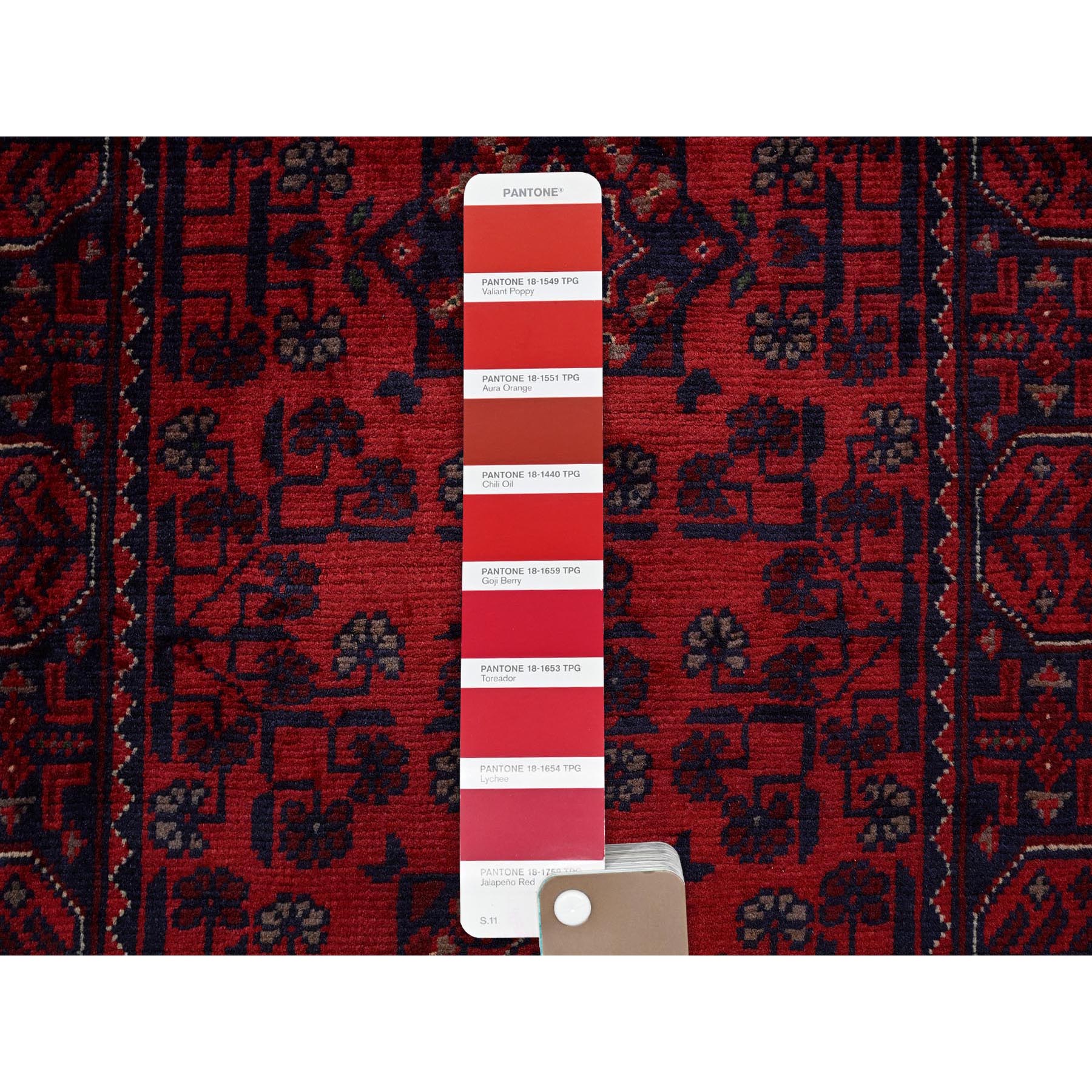 1'9"x4'9" Ruby Red, Afghan Khamyab with Geometric Medallions Design, Hand Knotted, Soft and Velvety Wool, Vegetable Dyes, Short and Narrow Runner, Oriental Rug Sh753