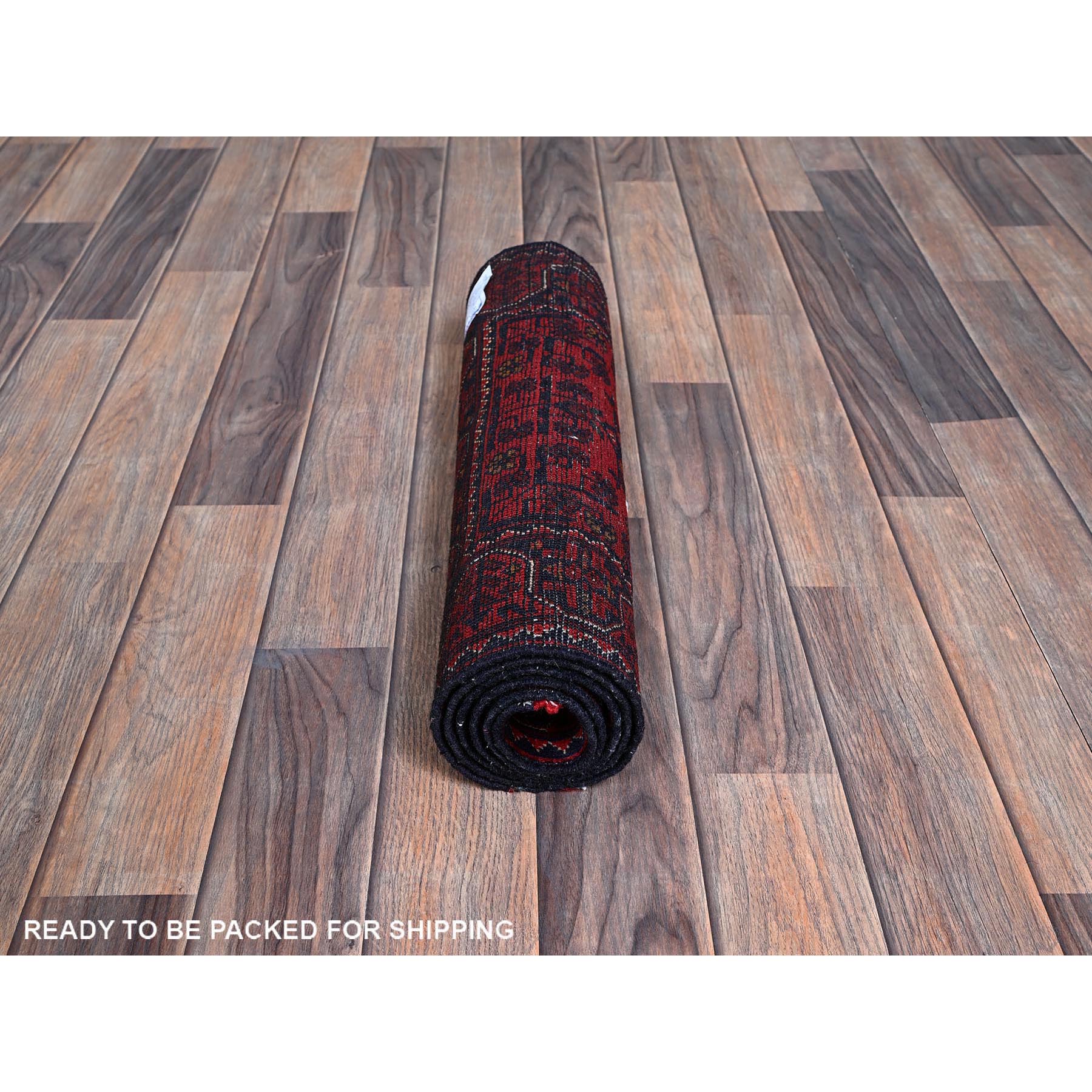 1'9"x4'9" Ruby Red, Afghan Khamyab with Geometric Medallions Design, Hand Knotted, Soft and Velvety Wool, Vegetable Dyes, Short and Narrow Runner, Oriental Rug Sh753