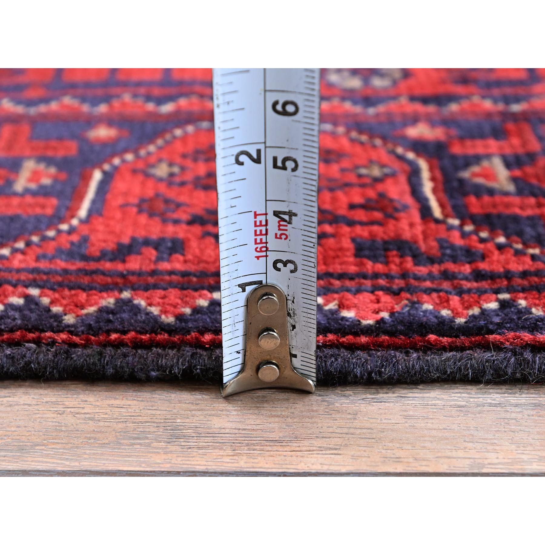 1'9"x4'9" Ruby Red, Afghan Khamyab with Geometric Medallions Design, Hand Knotted, Soft and Velvety Wool, Vegetable Dyes, Short and Narrow Runner, Oriental Rug Sh753