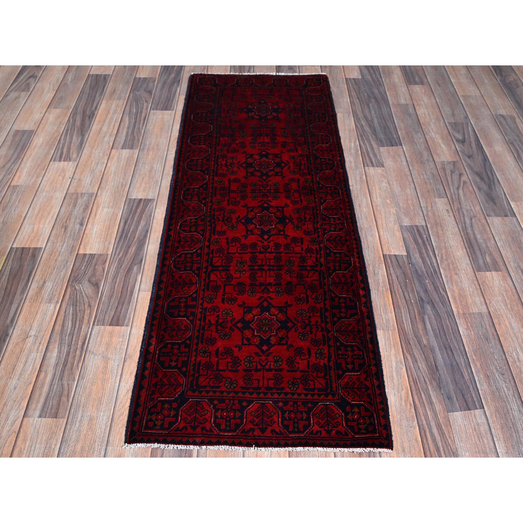 1'10"x5'1" Scarlet Red, Afghan Khamyab with Geometric Pattern, Hand Knotted, Soft 100% Wool, Natural Dyes, Short & Narrow Runner, Oriental Rug Sh755
