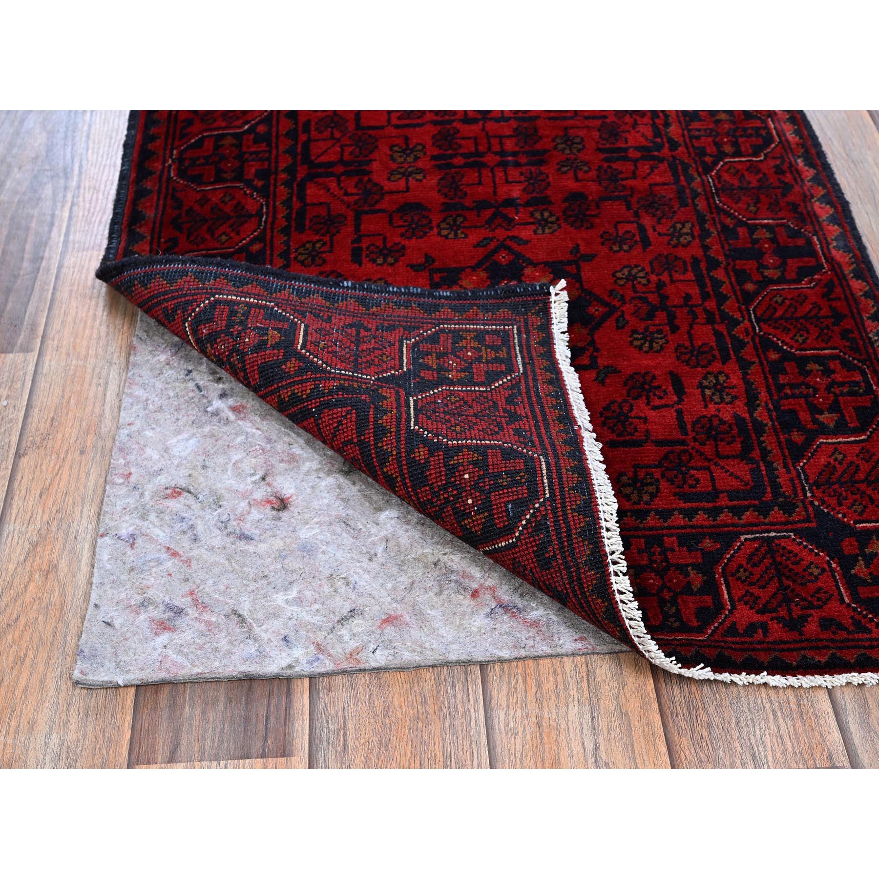 1'10"x5'1" Scarlet Red, Afghan Khamyab with Geometric Pattern, Hand Knotted, Soft 100% Wool, Natural Dyes, Short & Narrow Runner, Oriental Rug Sh755