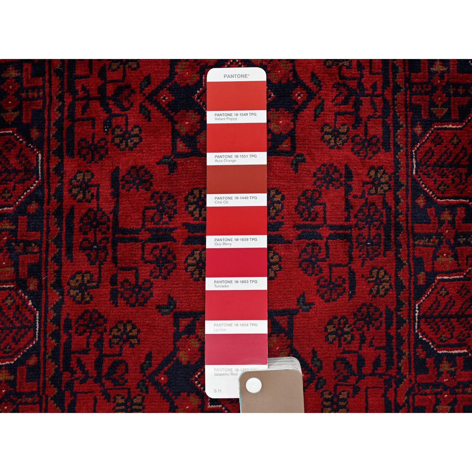 1'10"x5'1" Scarlet Red, Afghan Khamyab with Geometric Pattern, Hand Knotted, Soft 100% Wool, Natural Dyes, Short & Narrow Runner, Oriental Rug Sh755