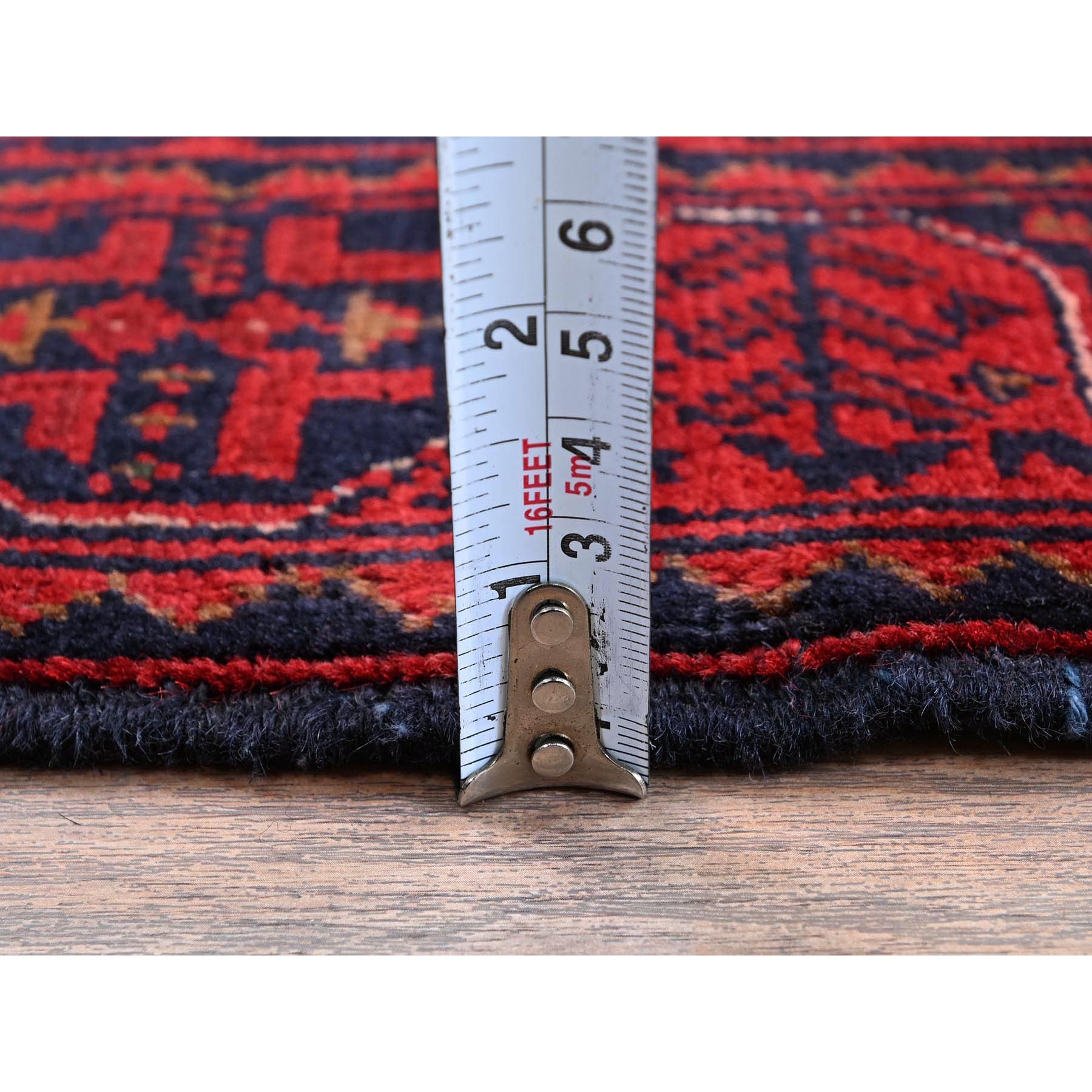 1'10"x5'1" Scarlet Red, Afghan Khamyab with Geometric Pattern, Hand Knotted, Soft 100% Wool, Natural Dyes, Short & Narrow Runner, Oriental Rug Sh755