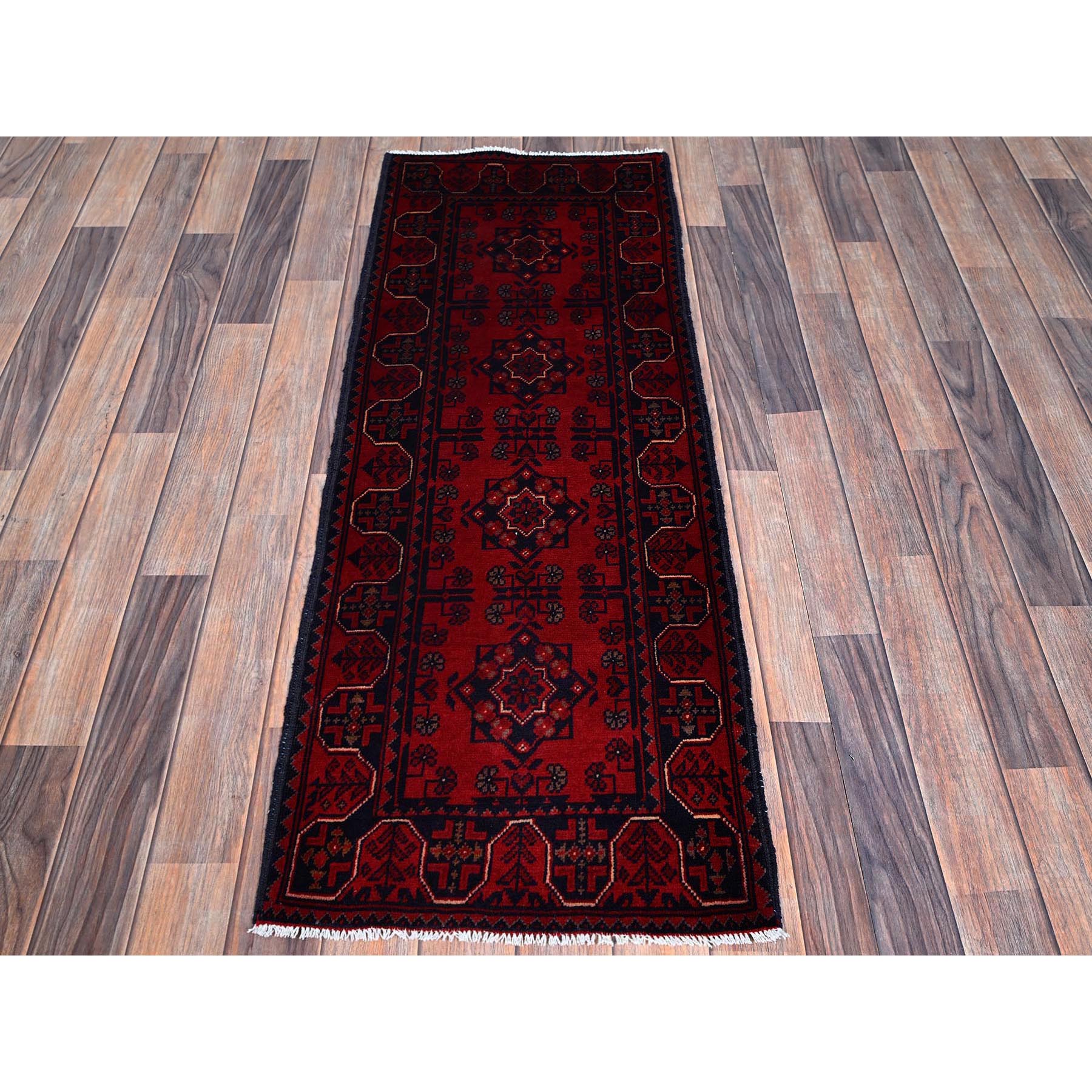 1'9"x4'9" Carmine Red, Afghan Khamyab with Tribal Medallions Design, Hand Knotted, Soft and Velvety Wool, Vegetable Dyes, Short and Narrow Runner, Oriental Rug Sh756