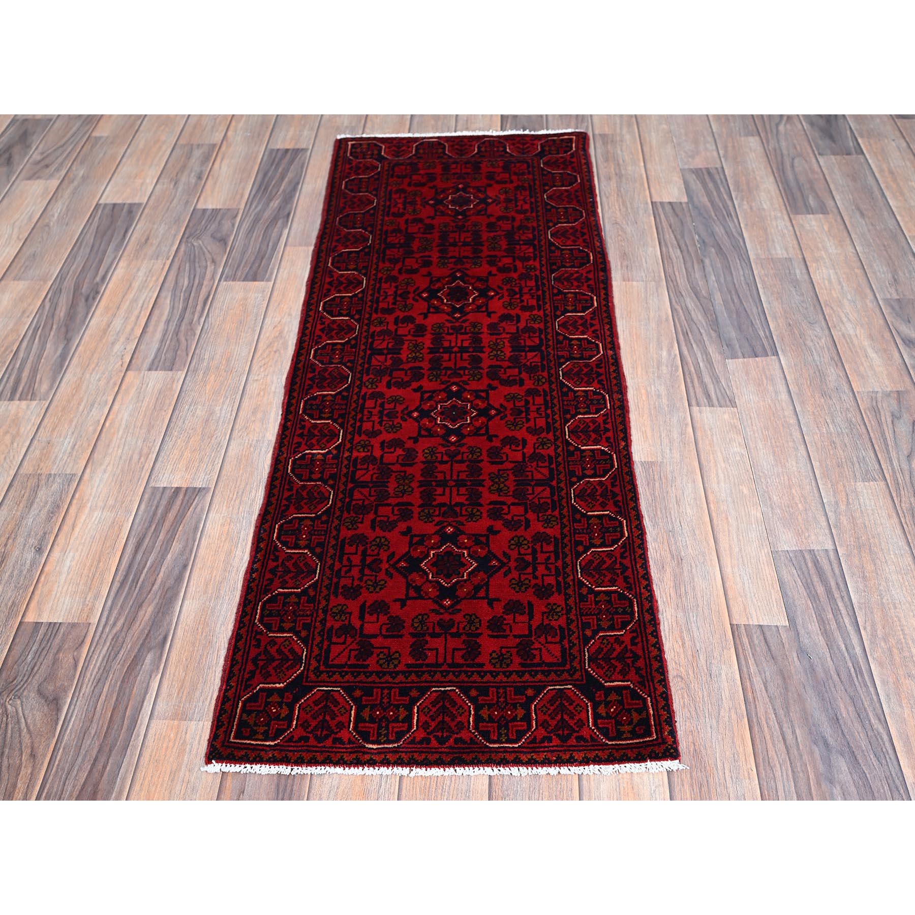 1'8"x4'9" Carmine Red, Afghan Khamyab with Geometric Pattern, Hand Knotted, Soft and Velvety Wool, Vegetable Dyes, Short and Narrow Runner, Oriental Rug Sh757