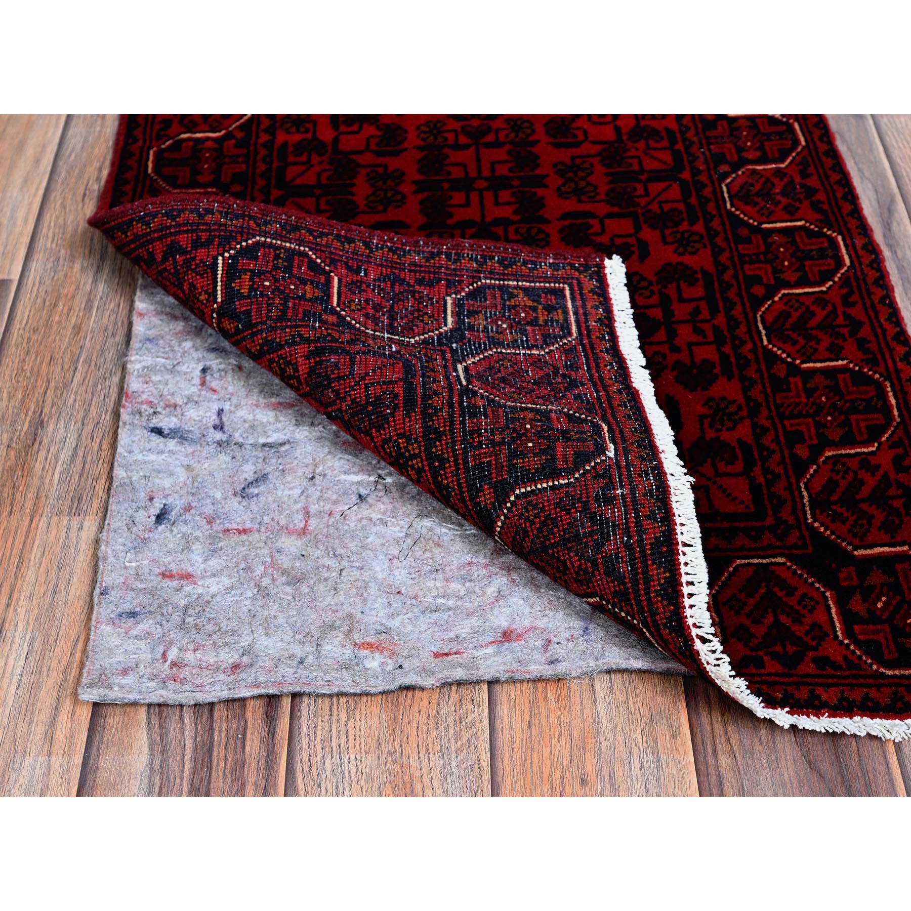 1'8"x4'9" Carmine Red, Afghan Khamyab with Geometric Pattern, Hand Knotted, Soft and Velvety Wool, Vegetable Dyes, Short and Narrow Runner, Oriental Rug Sh757