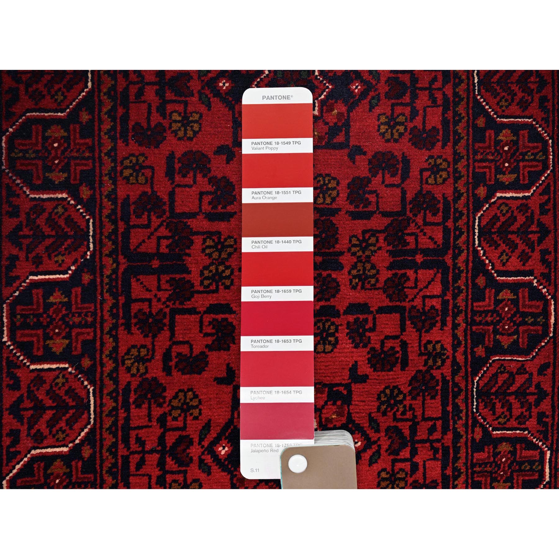 1'8"x4'9" Carmine Red, Afghan Khamyab with Geometric Pattern, Hand Knotted, Soft and Velvety Wool, Vegetable Dyes, Short and Narrow Runner, Oriental Rug Sh757
