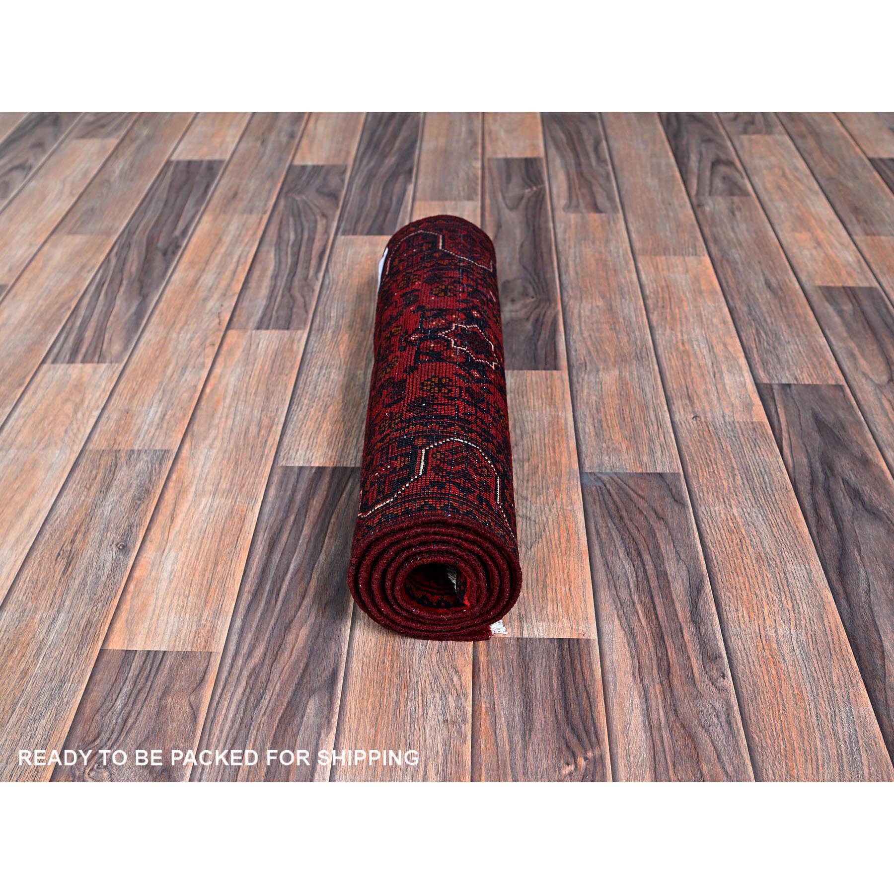 1'8"x4'9" Carmine Red, Afghan Khamyab with Geometric Pattern, Hand Knotted, Soft and Velvety Wool, Vegetable Dyes, Short and Narrow Runner, Oriental Rug Sh757