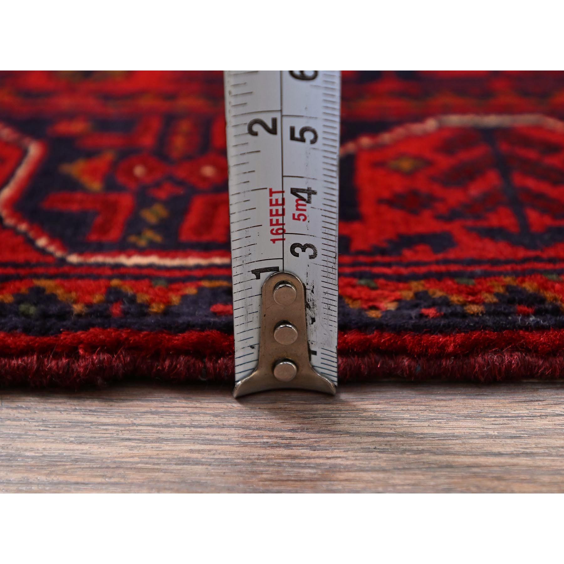 1'8"x4'9" Carmine Red, Afghan Khamyab with Geometric Pattern, Hand Knotted, Soft and Velvety Wool, Vegetable Dyes, Short and Narrow Runner, Oriental Rug Sh757