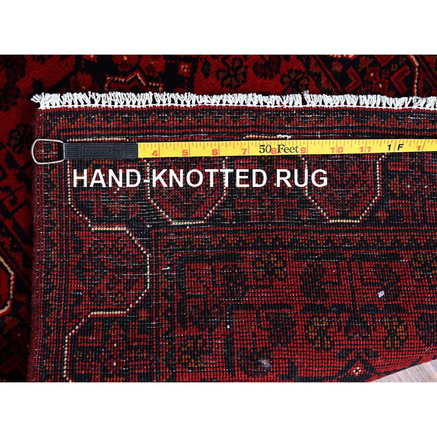 1'8"x4'9" Carmine Red, Afghan Khamyab with Geometric Pattern, Hand Knotted, Soft and Velvety Wool, Vegetable Dyes, Short and Narrow Runner, Oriental Rug Sh757