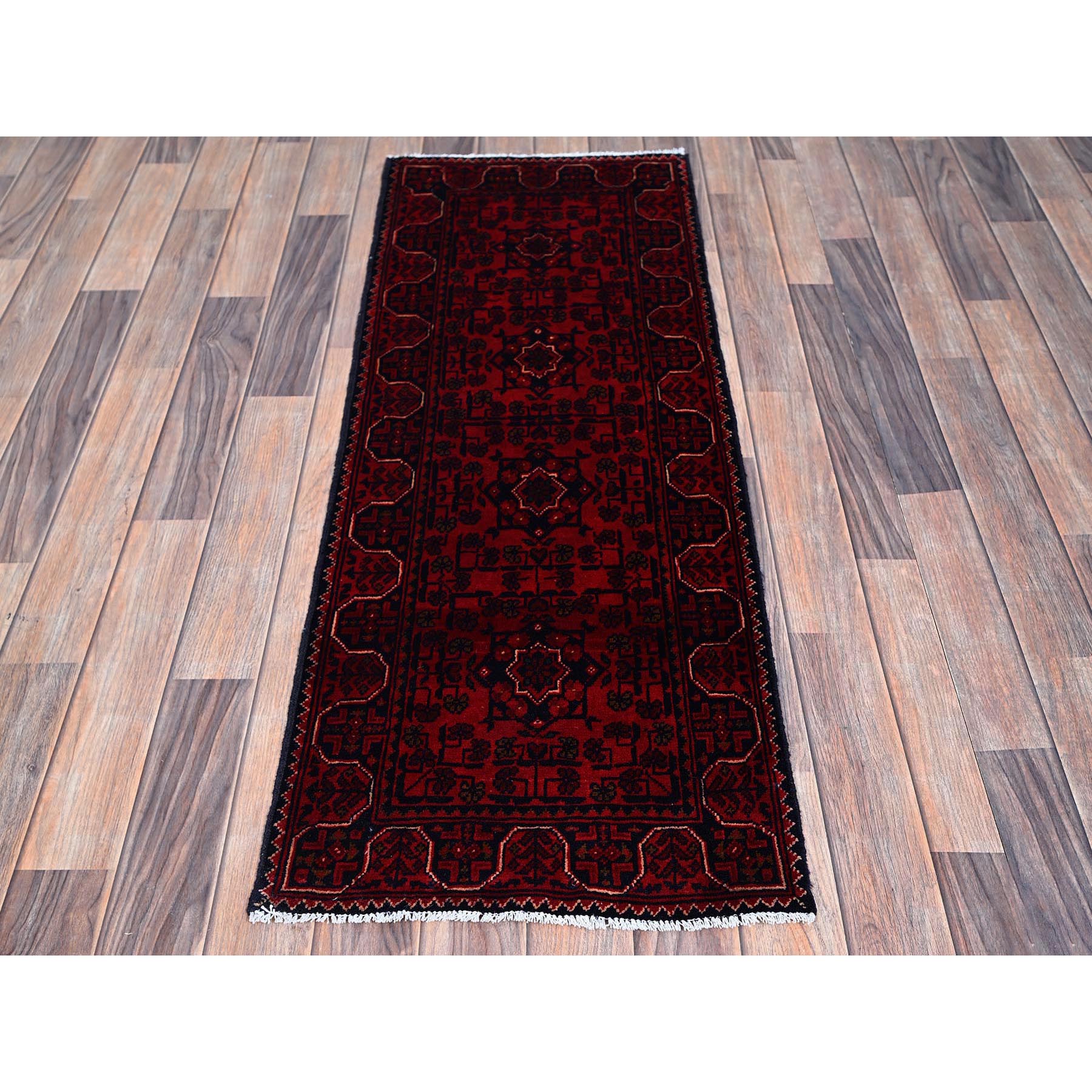 1'8"x4'9" Angels Red, Afghan Khamyab with Geometric Pattern, Hand Knotted, Soft and Shiny Wool, Natural Dyes, Short & Narrow Runner, Oriental Rug Sh758