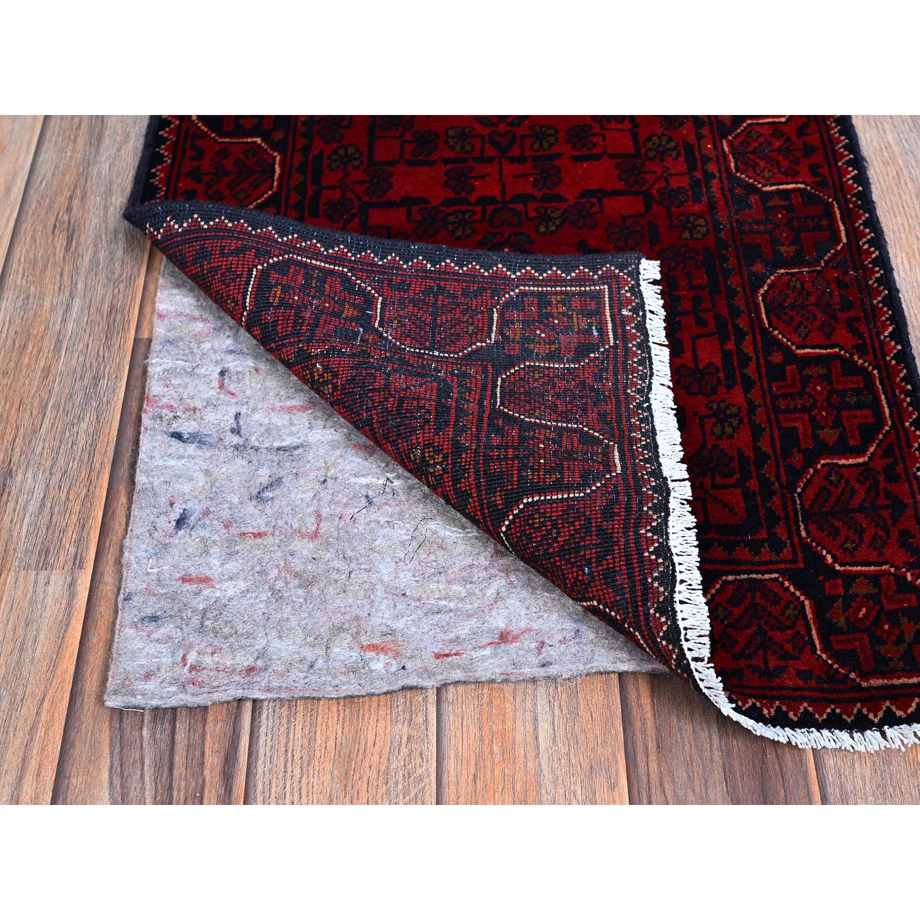 1'8"x4'9" Angels Red, Afghan Khamyab with Geometric Pattern, Hand Knotted, Soft and Shiny Wool, Natural Dyes, Short & Narrow Runner, Oriental Rug Sh758