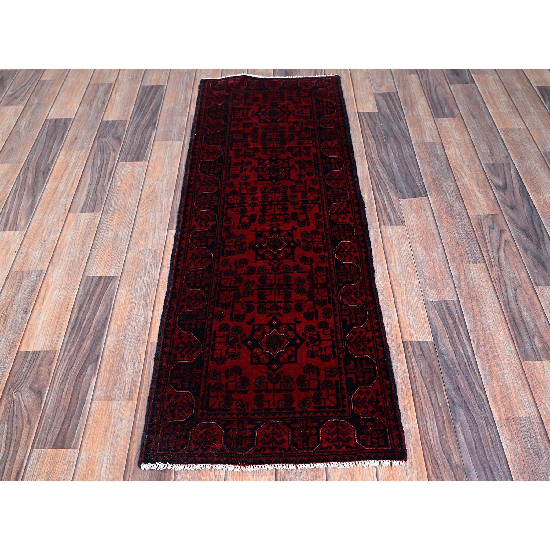 1'8"x5' Vermilion Red, Afghan Khamyab with Geometric Medallions Design, Soft and Velvety Wool, Hand Knotted, Vegetable Dyes, Short & Narrow Runner, Oriental Rug Sh759