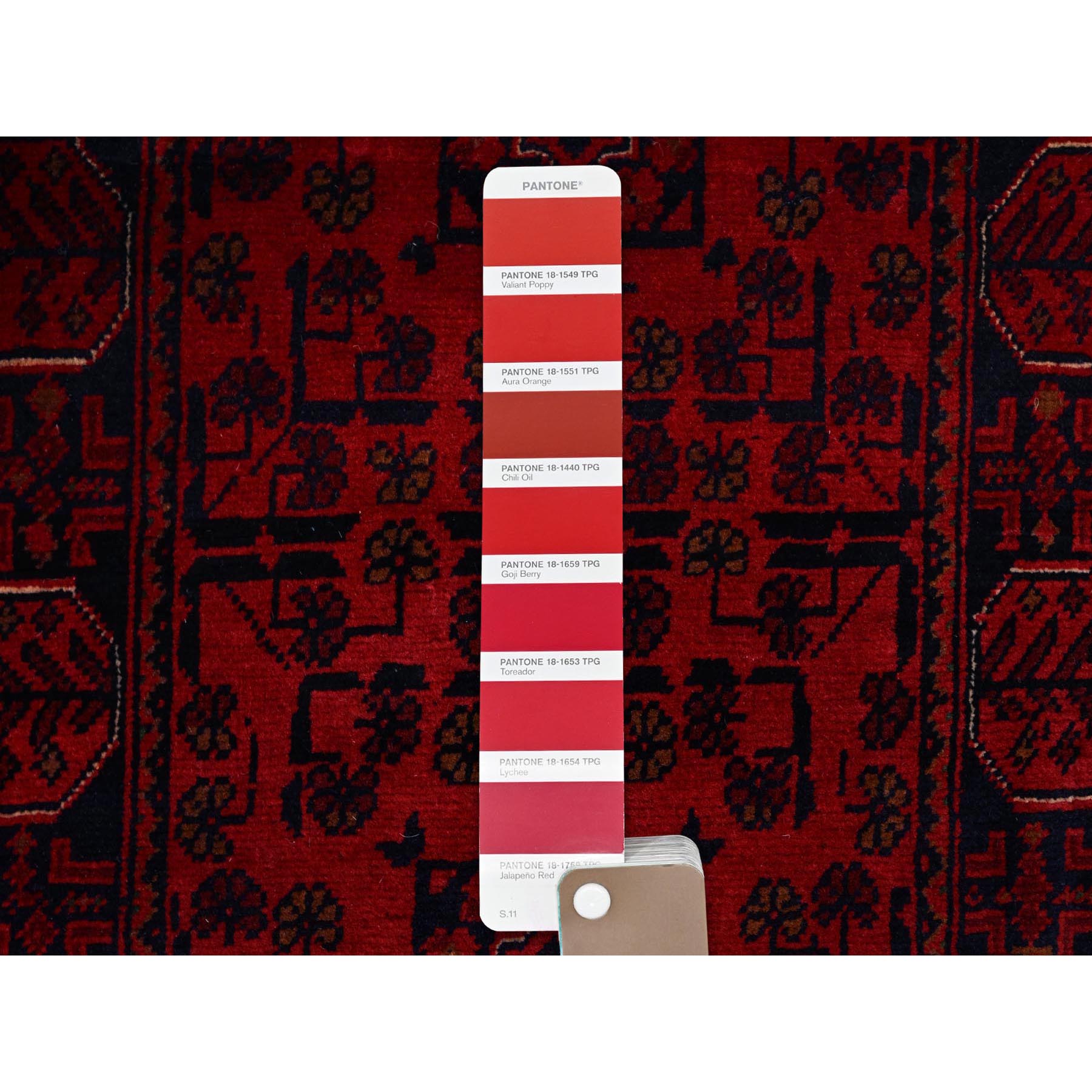 1'8"x5' Vermilion Red, Afghan Khamyab with Geometric Medallions Design, Soft and Velvety Wool, Hand Knotted, Vegetable Dyes, Short & Narrow Runner, Oriental Rug Sh759
