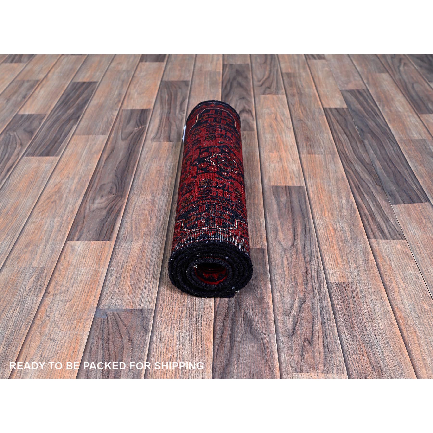 1'8"x5' Vermilion Red, Afghan Khamyab with Geometric Medallions Design, Soft and Velvety Wool, Hand Knotted, Vegetable Dyes, Short & Narrow Runner, Oriental Rug Sh759