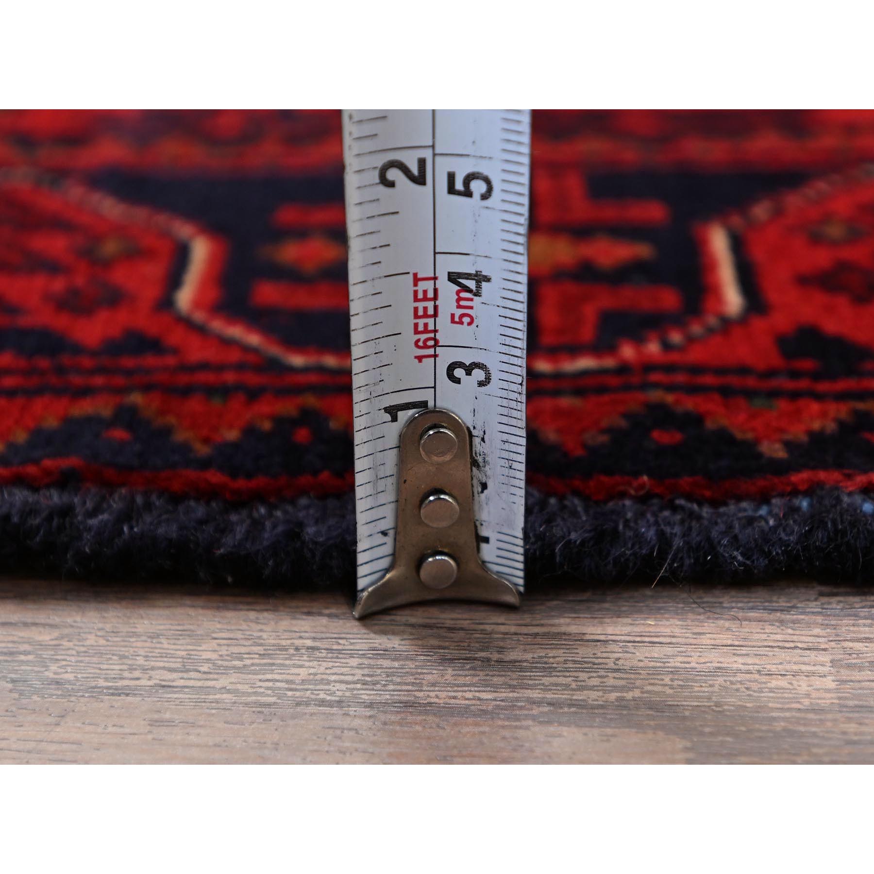 1'8"x5' Vermilion Red, Afghan Khamyab with Geometric Medallions Design, Soft and Velvety Wool, Hand Knotted, Vegetable Dyes, Short & Narrow Runner, Oriental Rug Sh759